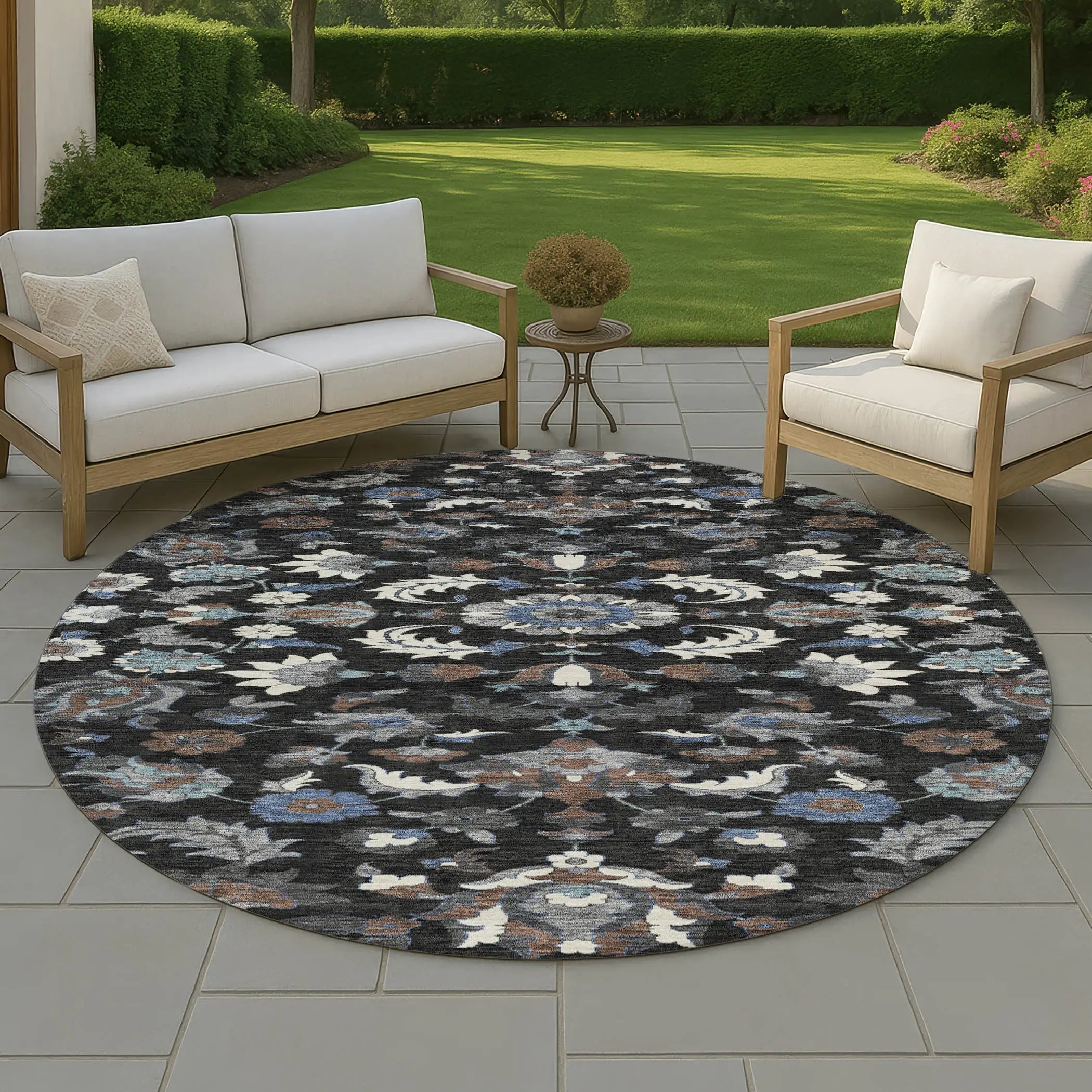 8' Black And Charcoal Round Floral Medallion Washable Indoor Outdoor Area Rug Homeroots Outdoor