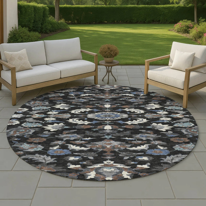8' Black And Charcoal Round Floral Medallion Washable Indoor Outdoor Area Rug Homeroots Outdoor