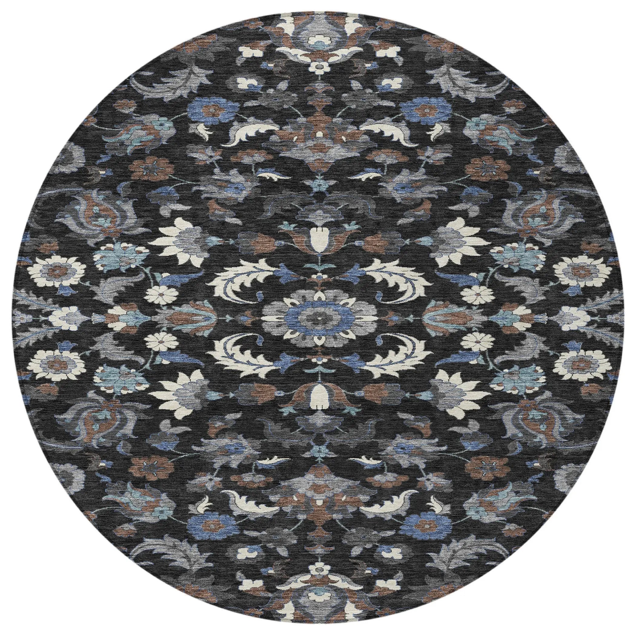 8' Black And Charcoal Round Floral Medallion Washable Indoor Outdoor Area Rug Homeroots Outdoor