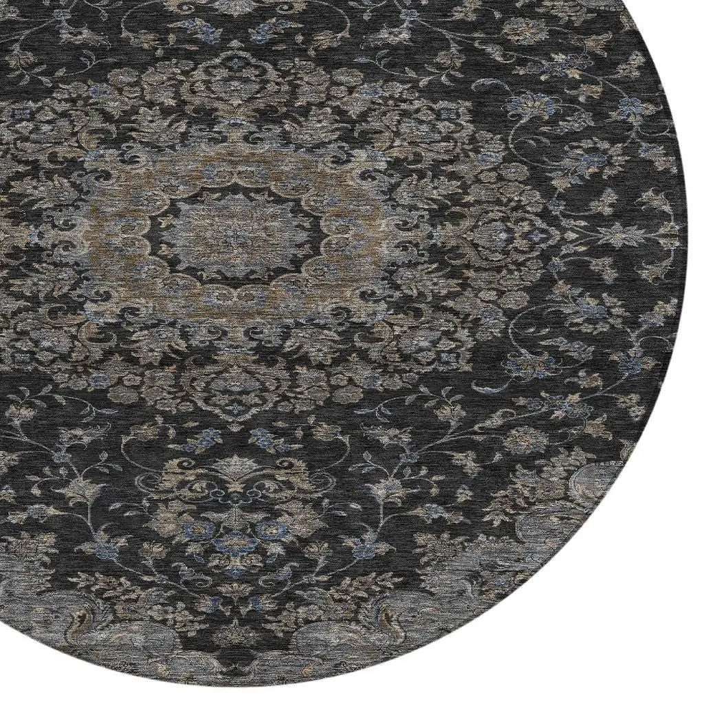 8' Black And Charcoal Round Floral Medallion Washable Indoor Outdoor Area Rug Homeroots Outdoor