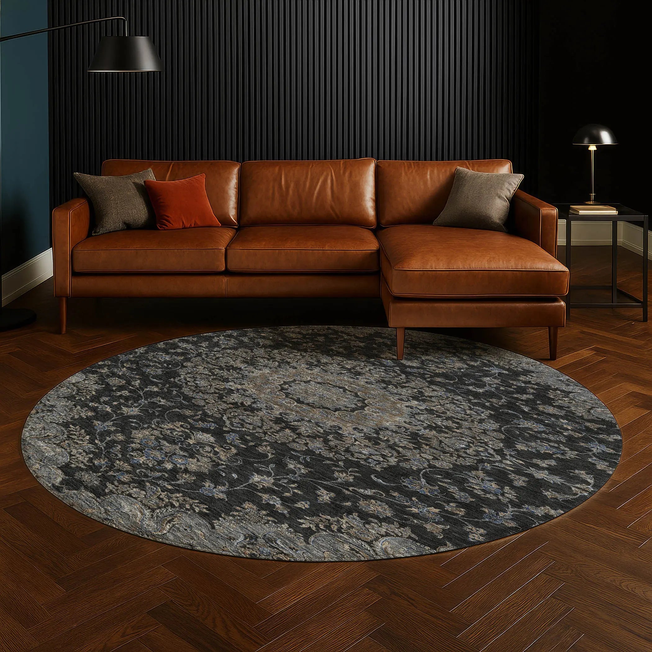8' Black And Charcoal Round Floral Medallion Washable Indoor Outdoor Area Rug Homeroots Outdoor