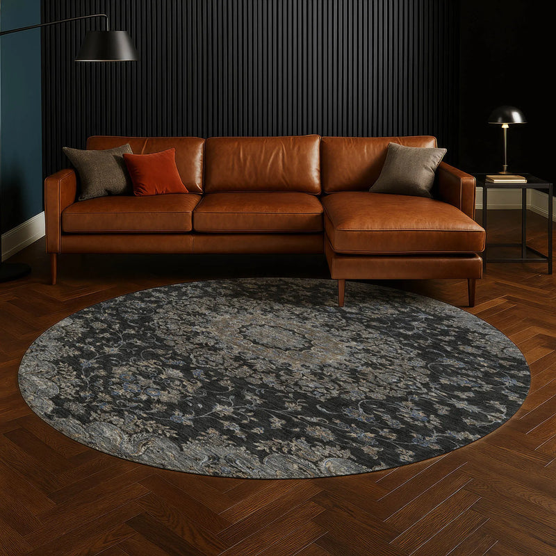 8' Black And Charcoal Round Floral Medallion Washable Indoor Outdoor Area Rug Homeroots Outdoor
