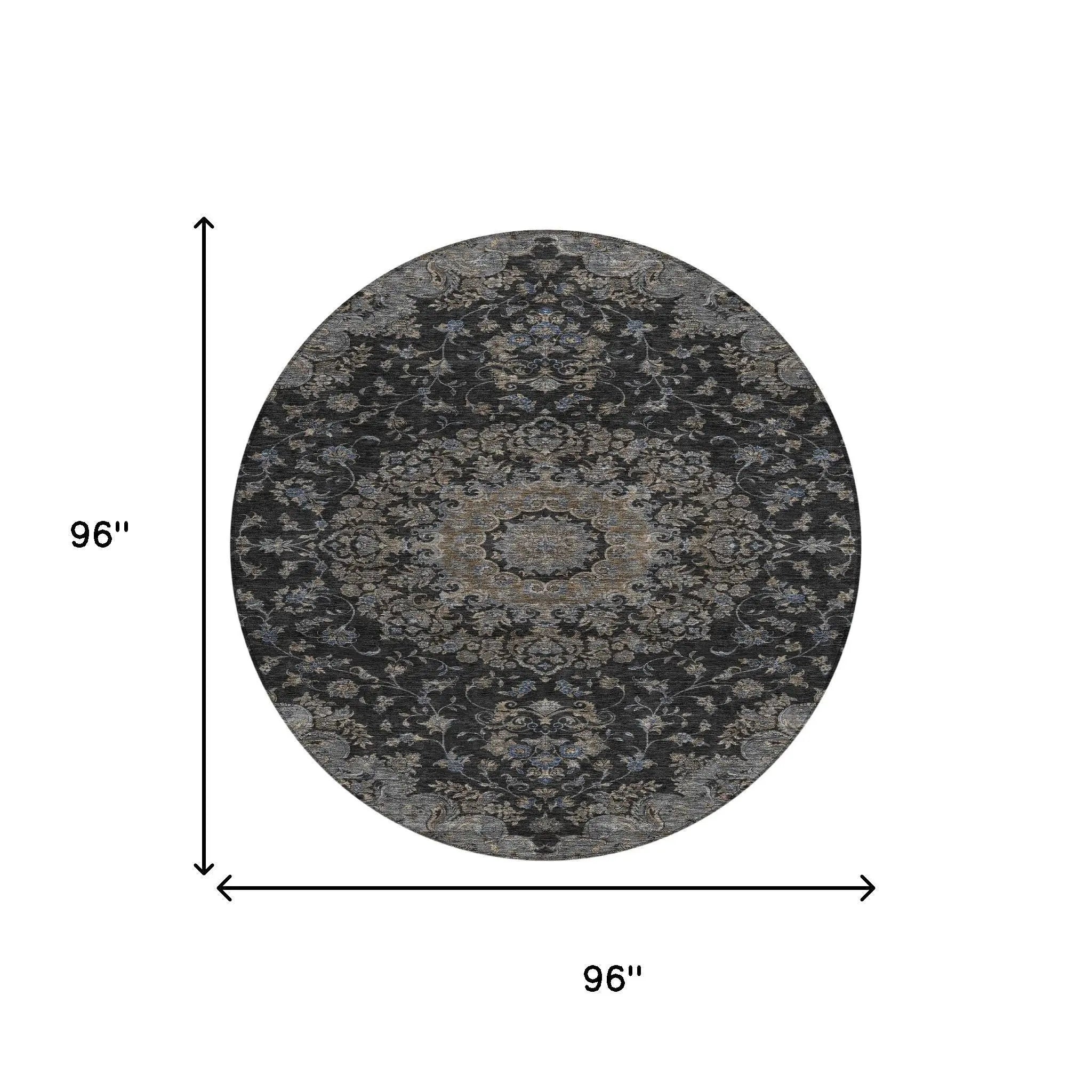 8' Black And Charcoal Round Floral Medallion Washable Indoor Outdoor Area Rug Homeroots Outdoor