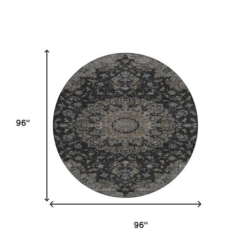 8' Black And Charcoal Round Floral Medallion Washable Indoor Outdoor Area Rug Homeroots Outdoor