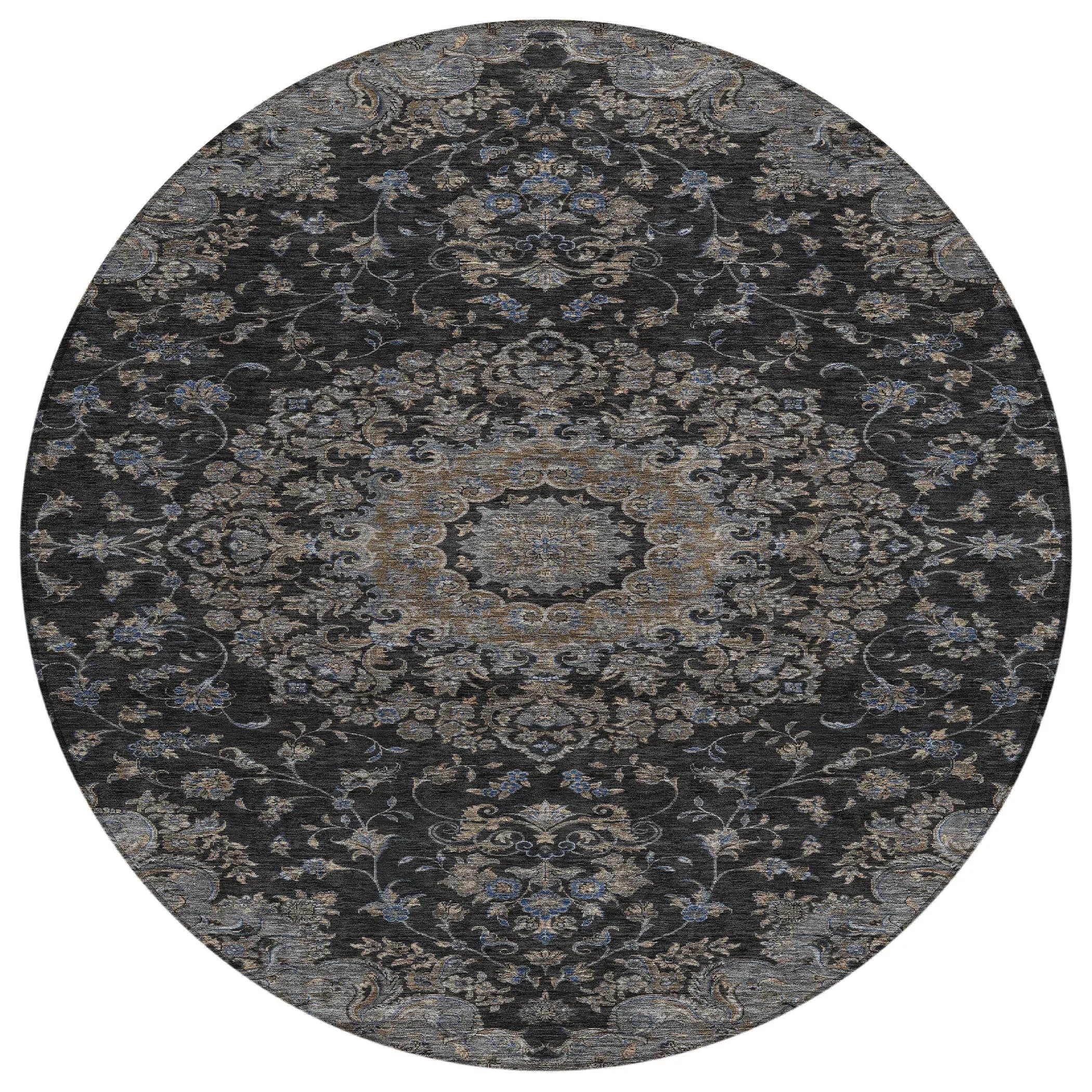 8' Black And Charcoal Round Floral Medallion Washable Indoor Outdoor Area Rug Homeroots Outdoor