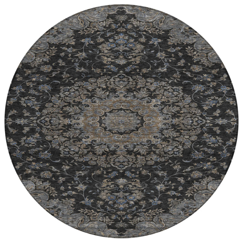 8' Black And Charcoal Round Floral Medallion Washable Indoor Outdoor Area Rug Homeroots Outdoor