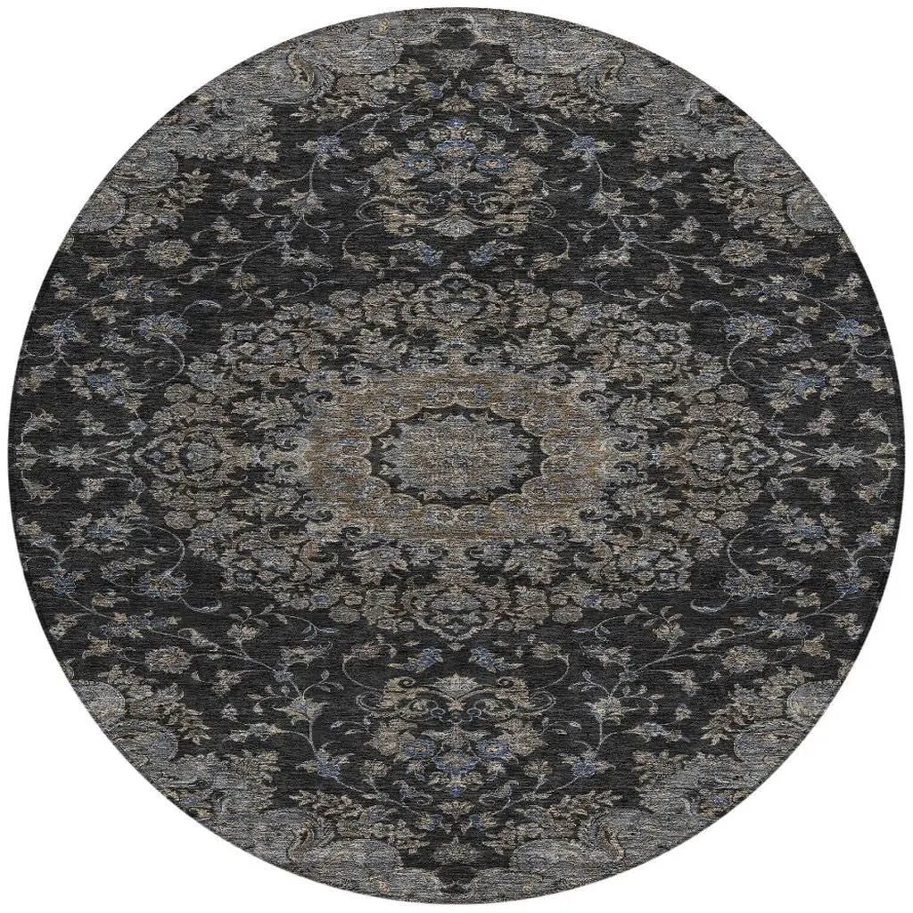 8' Black And Charcoal Round Floral Medallion Washable Indoor Outdoor Area Rug Homeroots Outdoor