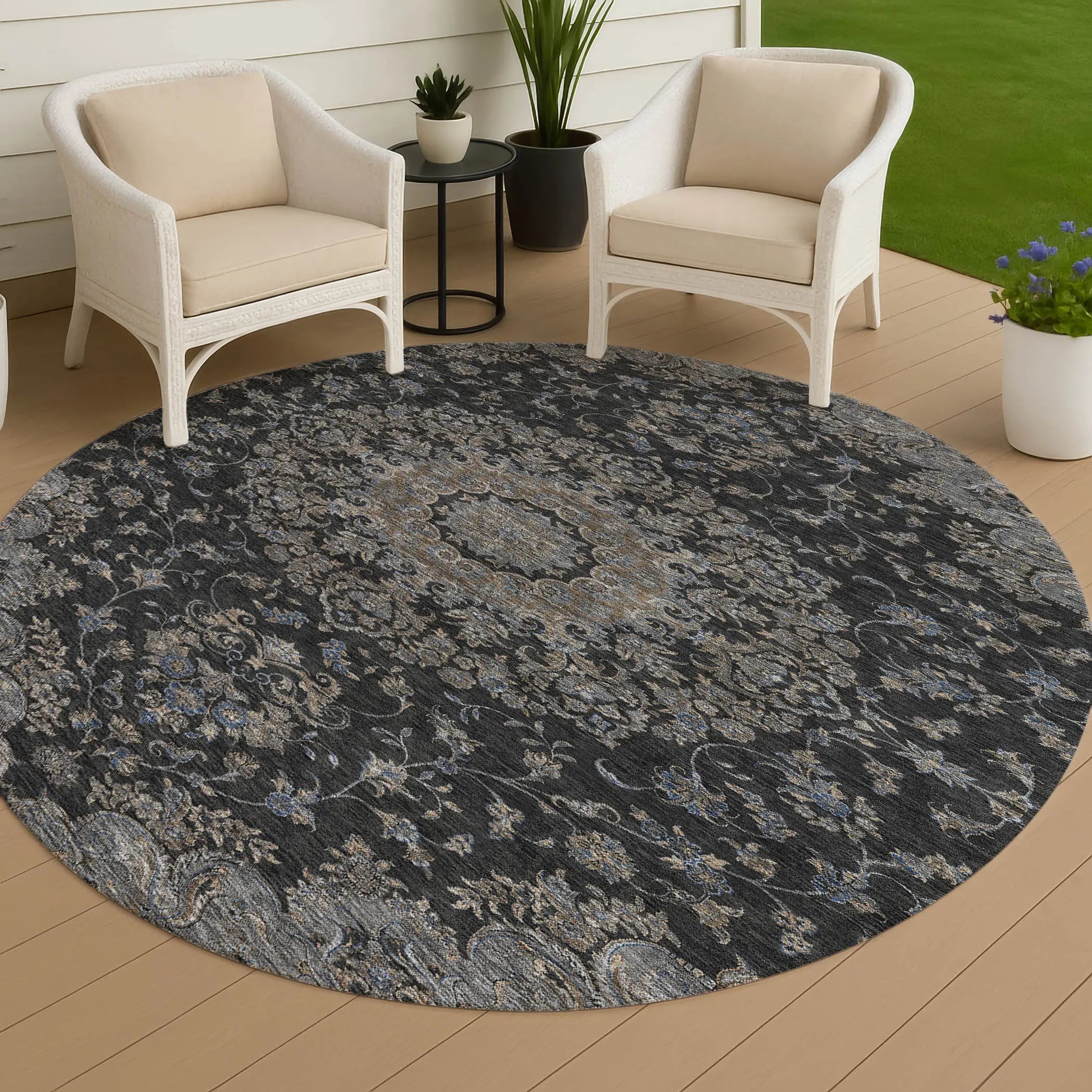 8' Black And Charcoal Round Floral Medallion Washable Indoor Outdoor Area Rug Homeroots Outdoor