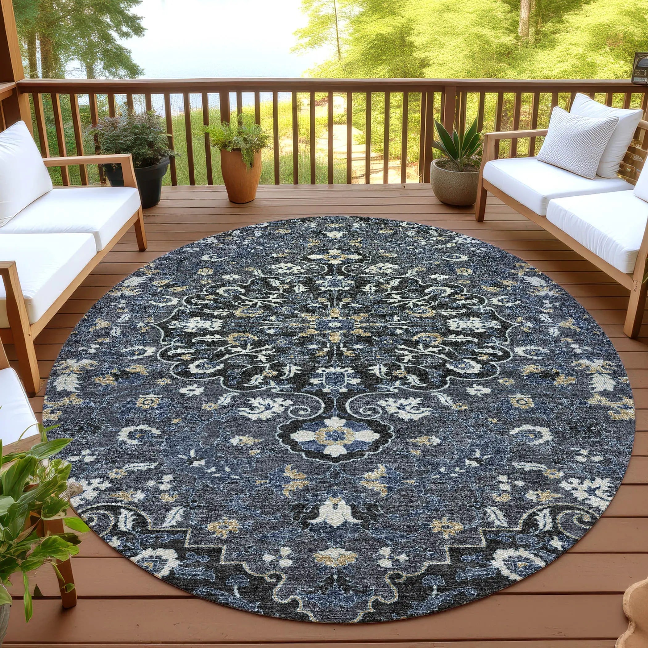 8' Black And Charcoal Round Floral Medallion Washable Indoor Outdoor Area Rug Homeroots Outdoor