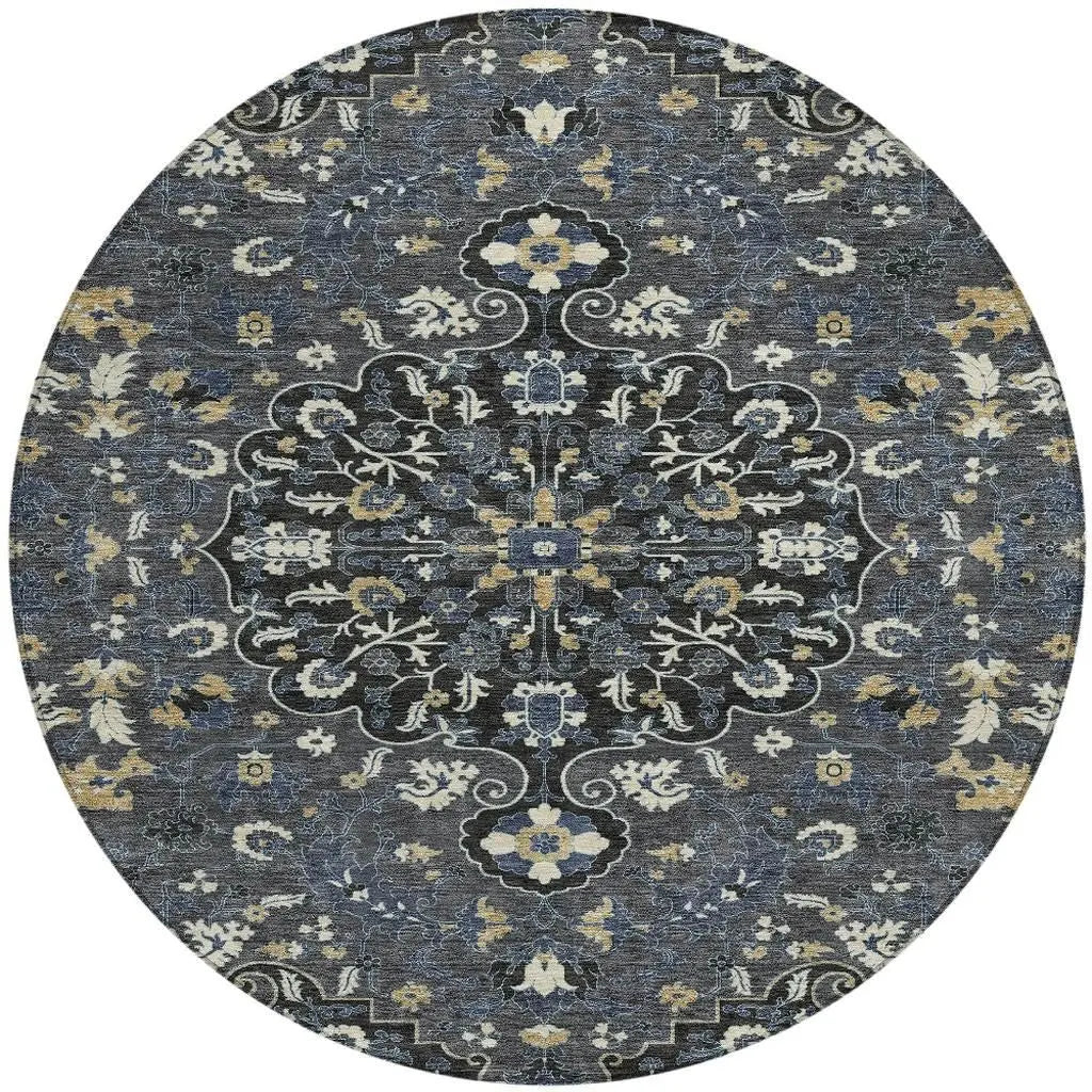 8' Black And Charcoal Round Floral Medallion Washable Indoor Outdoor Area Rug Homeroots Outdoor