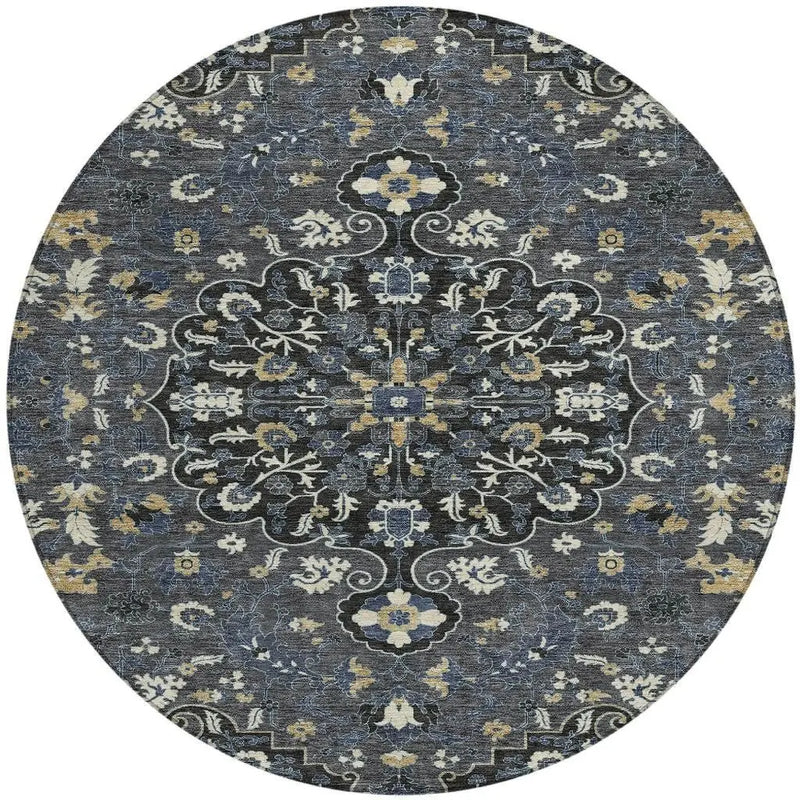8' Black And Charcoal Round Floral Medallion Washable Indoor Outdoor Area Rug Homeroots Outdoor