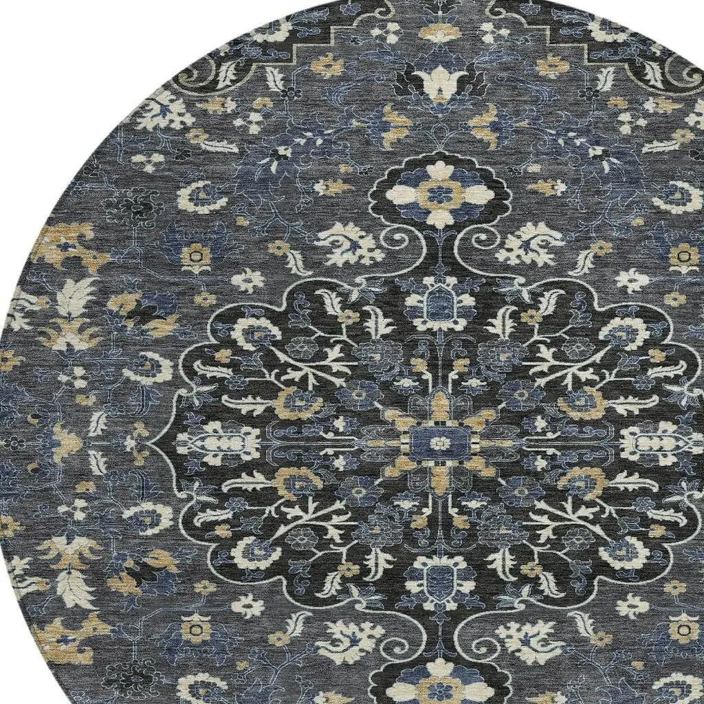 8' Black And Charcoal Round Floral Medallion Washable Indoor Outdoor Area Rug Homeroots Outdoor