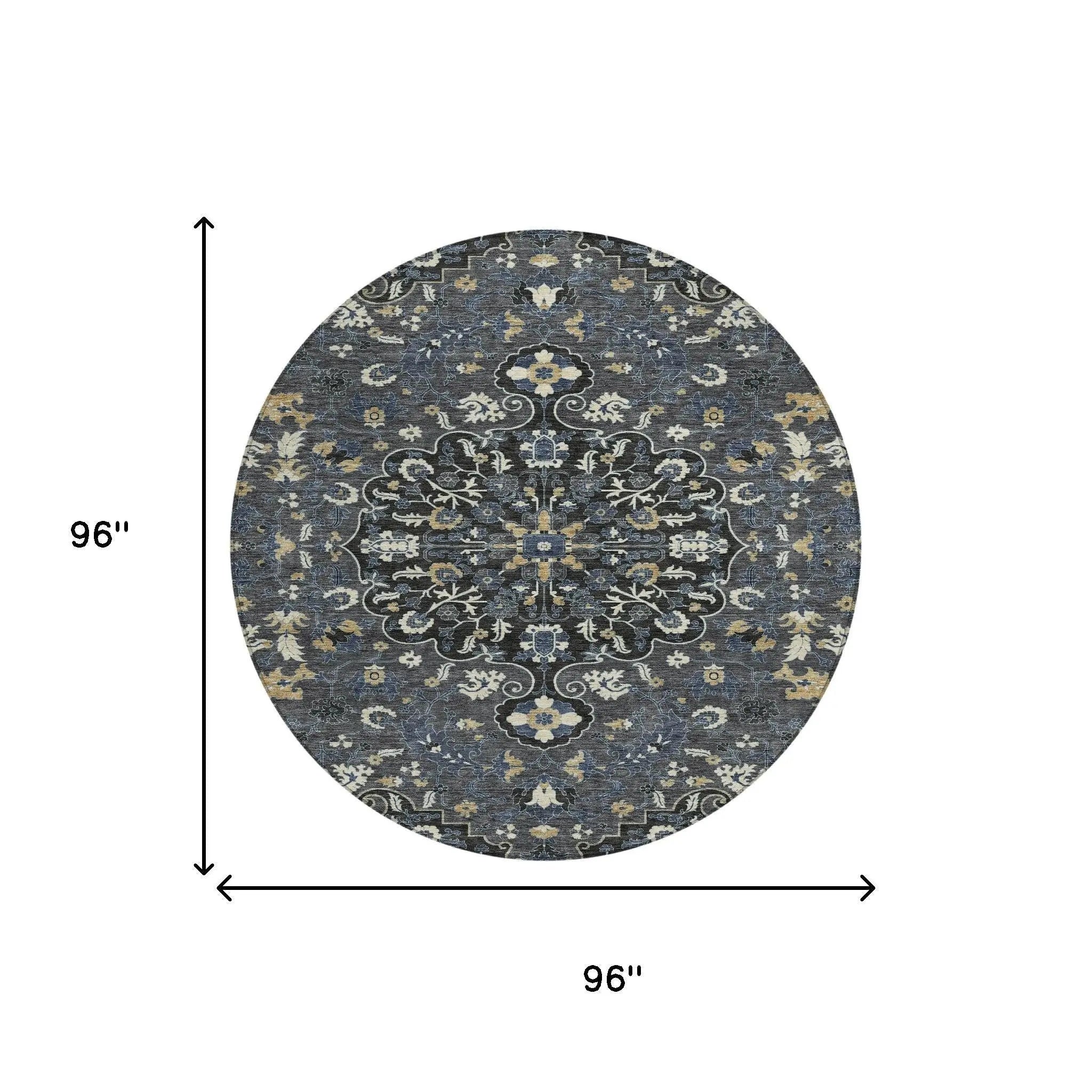 8' Black And Charcoal Round Floral Medallion Washable Indoor Outdoor Area Rug Homeroots Outdoor