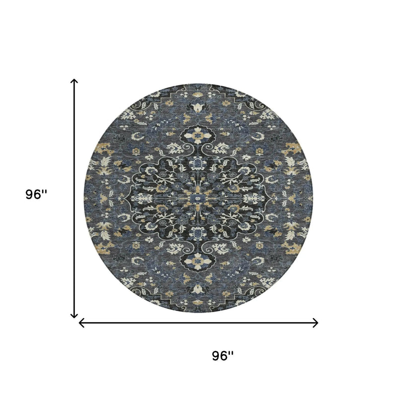 8' Black And Charcoal Round Floral Medallion Washable Indoor Outdoor Area Rug Homeroots Outdoor