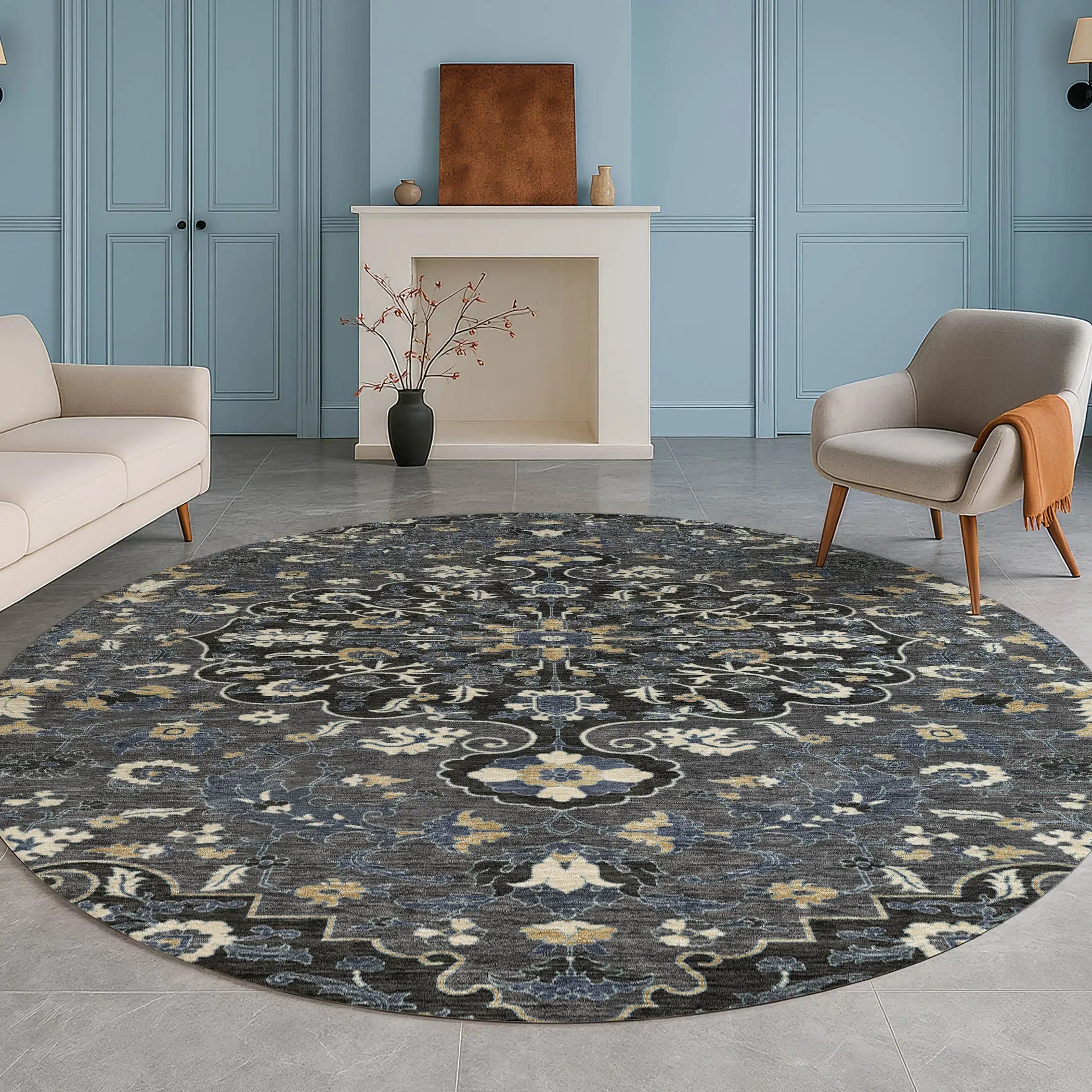 8' Black And Charcoal Round Floral Medallion Washable Indoor Outdoor Area Rug Homeroots Outdoor