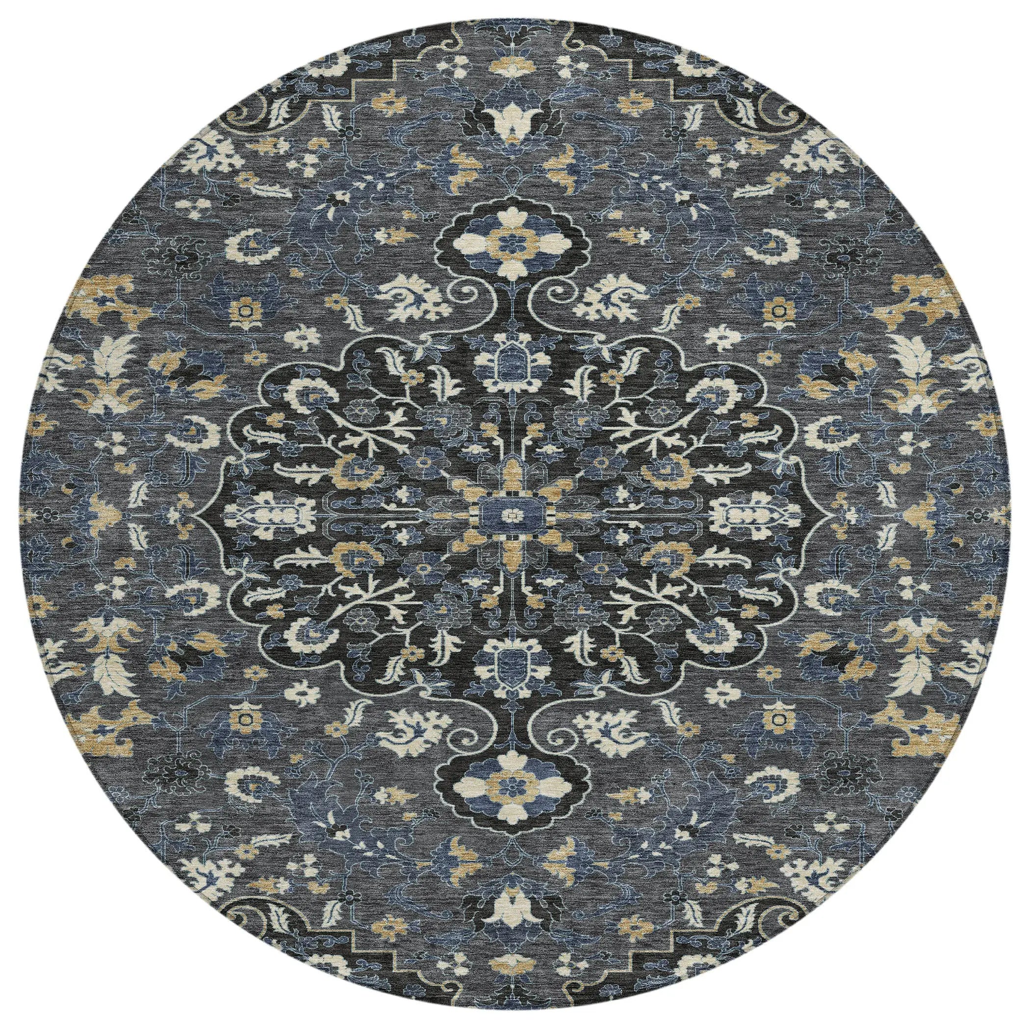 8' Black And Charcoal Round Floral Medallion Washable Indoor Outdoor Area Rug Homeroots Outdoor