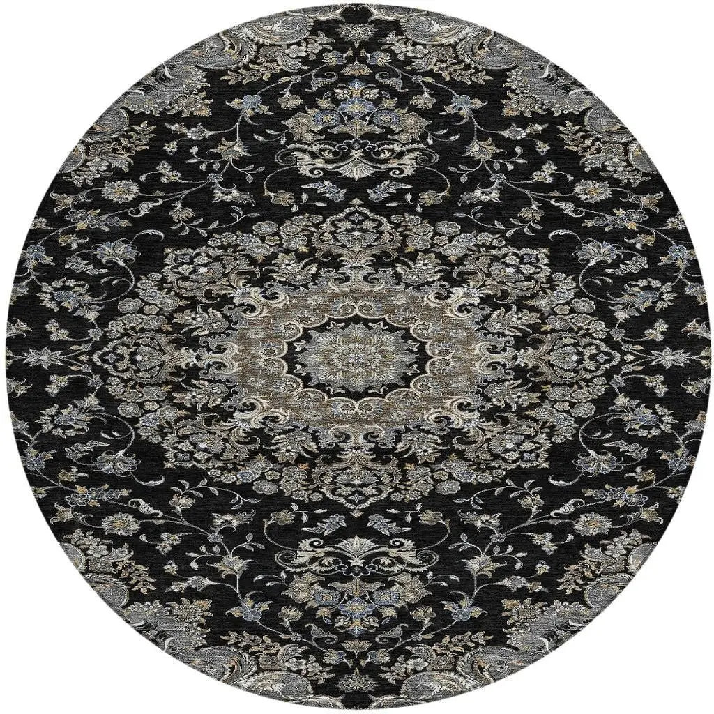 8' Black And Charcoal Round Floral Medallion Washable Indoor Outdoor Area Rug Homeroots Outdoor