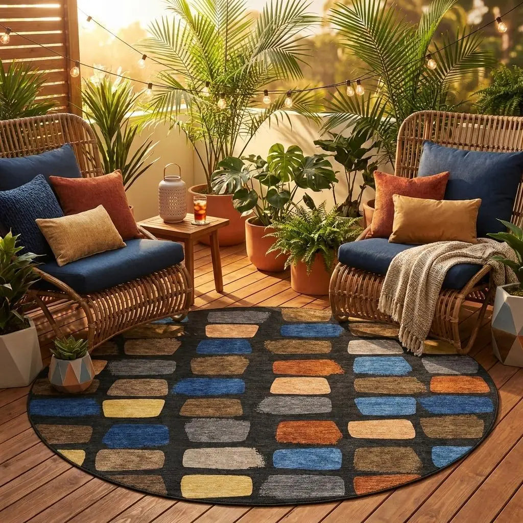 8' Black And Charcoal Round Geometric Washable Indoor Outdoor Area Rug Homeroots Outdoor