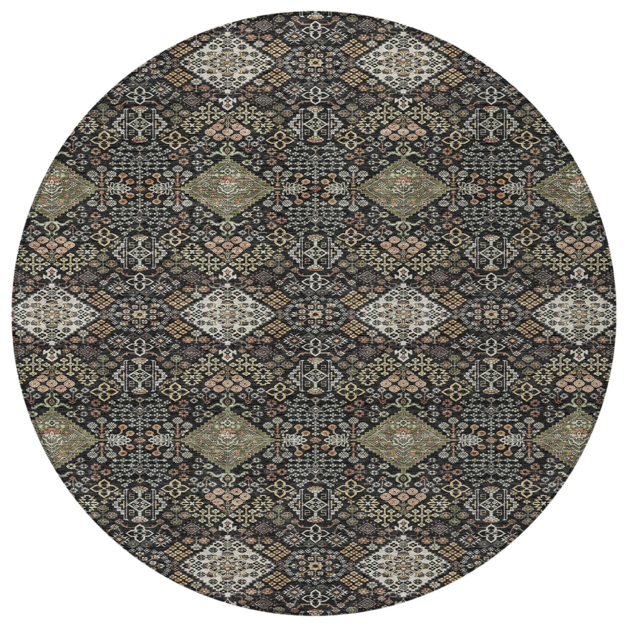 8' Black And Charcoal Round Geometric Washable Indoor Outdoor Area Rug Homeroots Outdoor