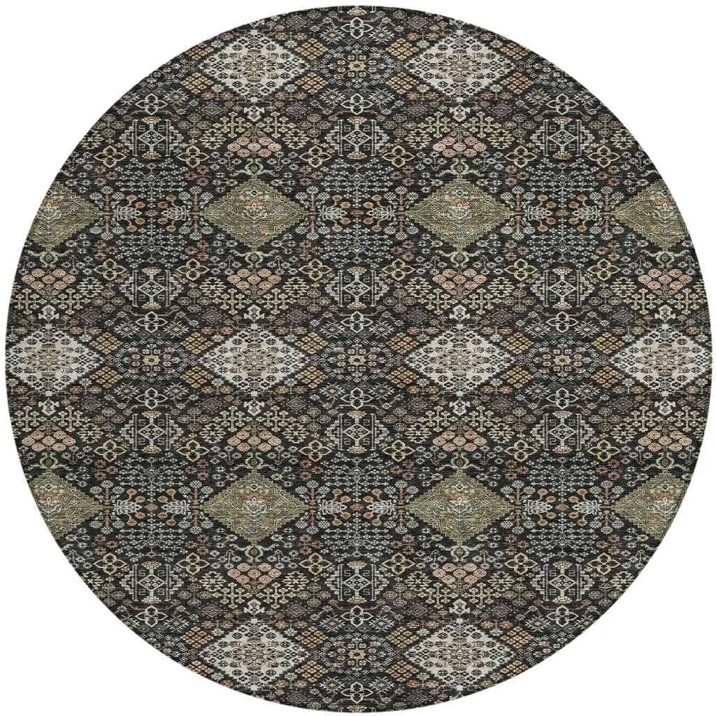 8' Black And Charcoal Round Geometric Washable Indoor Outdoor Area Rug Homeroots Outdoor