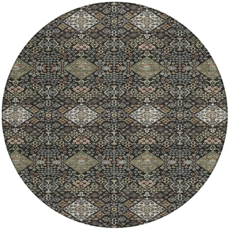 8' Black And Charcoal Round Geometric Washable Indoor Outdoor Area Rug Homeroots Outdoor