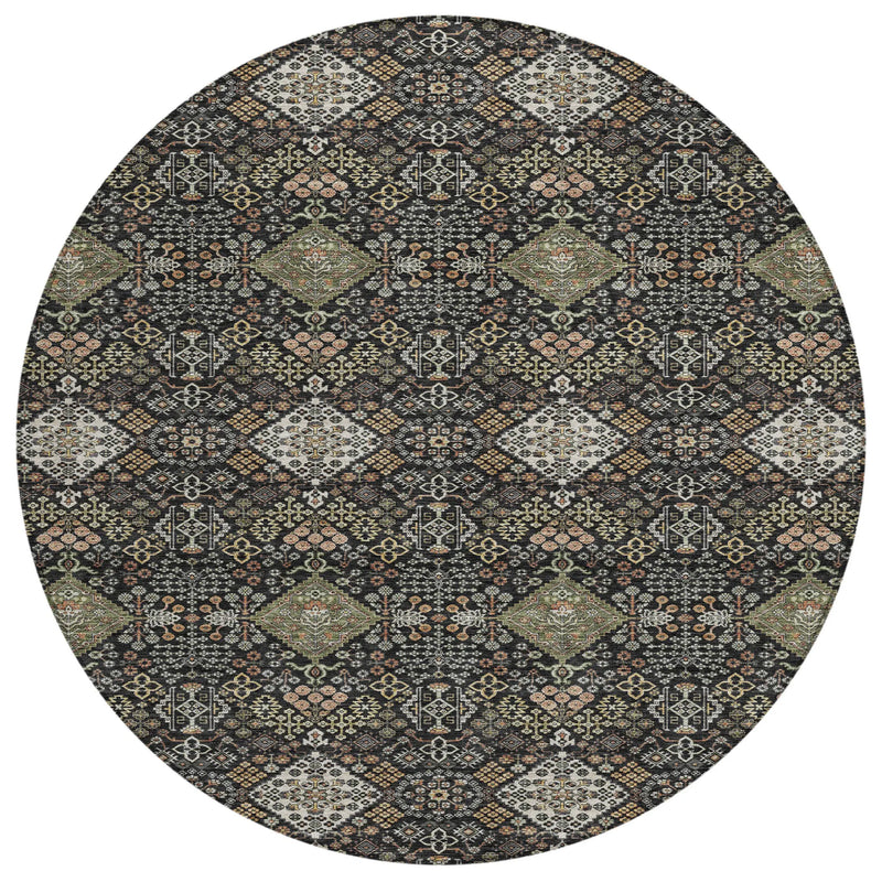 8' Black And Charcoal Round Geometric Washable Indoor Outdoor Area Rug Homeroots Outdoor