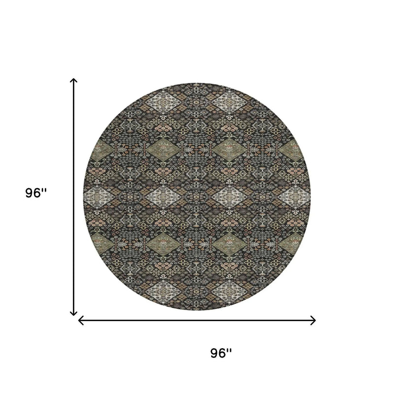 8' Black And Charcoal Round Geometric Washable Indoor Outdoor Area Rug Homeroots Outdoor