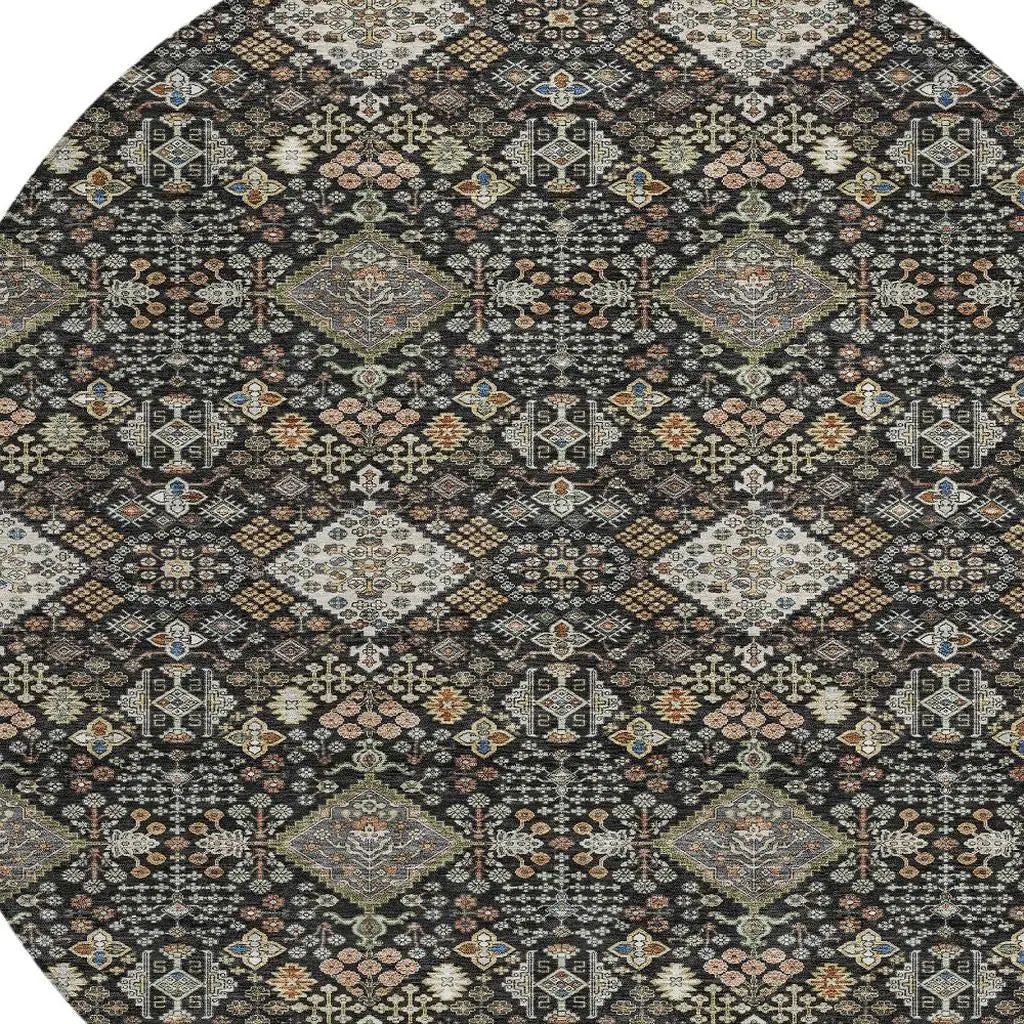 8' Black And Charcoal Round Geometric Washable Indoor Outdoor Area Rug Homeroots Outdoor