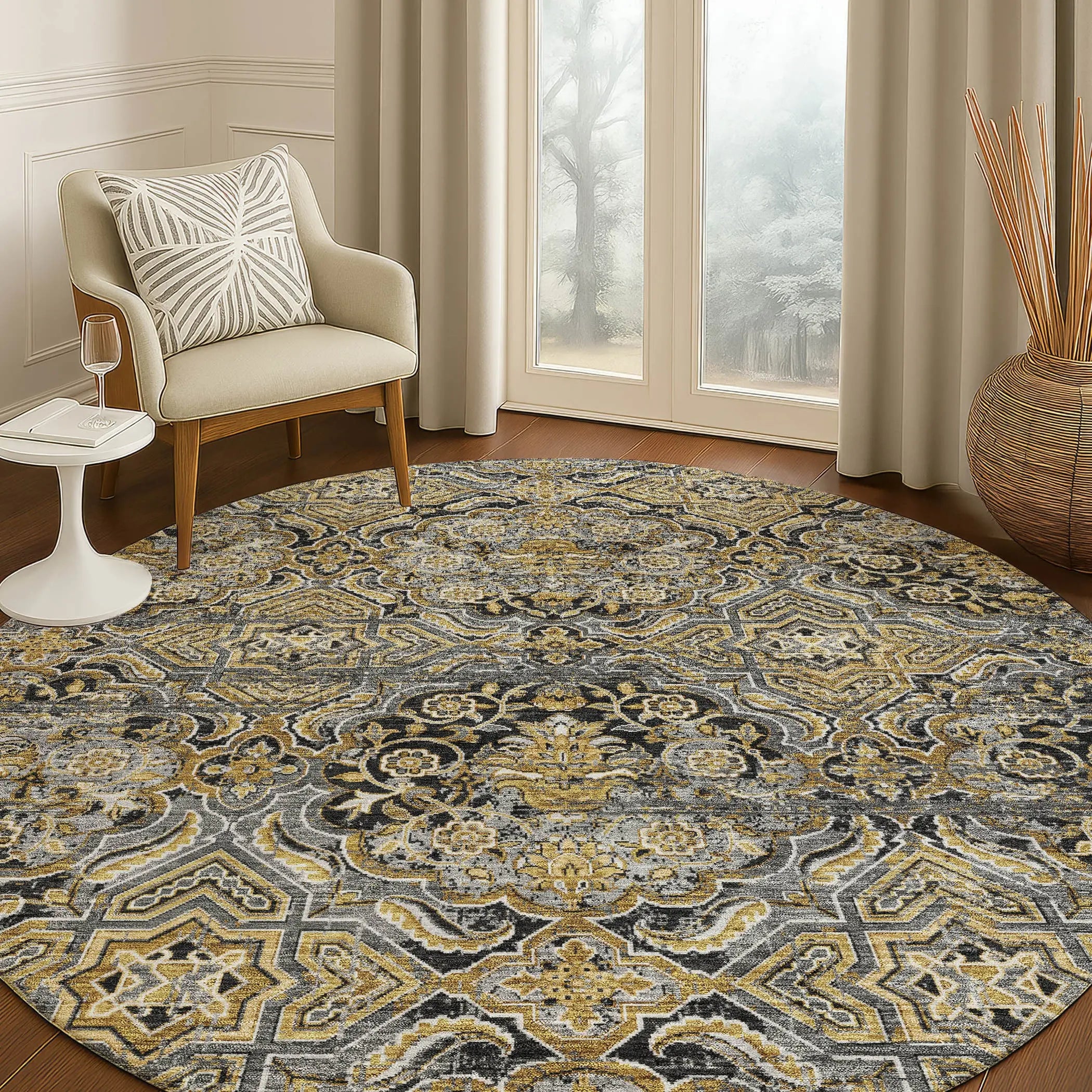 8' Black And Coffee Round Floral Washable Indoor Outdoor Area Rug Homeroots Outdoor