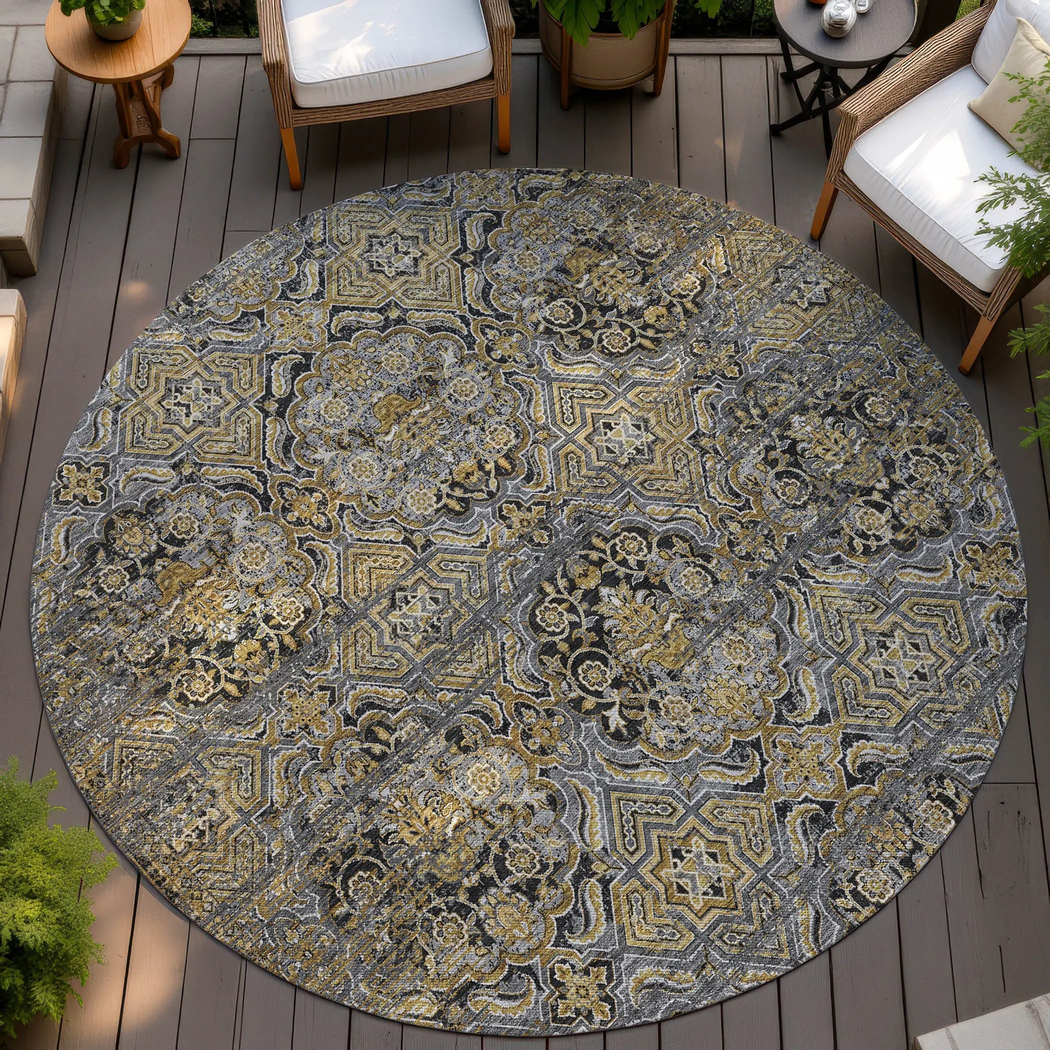 8' Black And Coffee Round Floral Washable Indoor Outdoor Area Rug Homeroots Outdoor