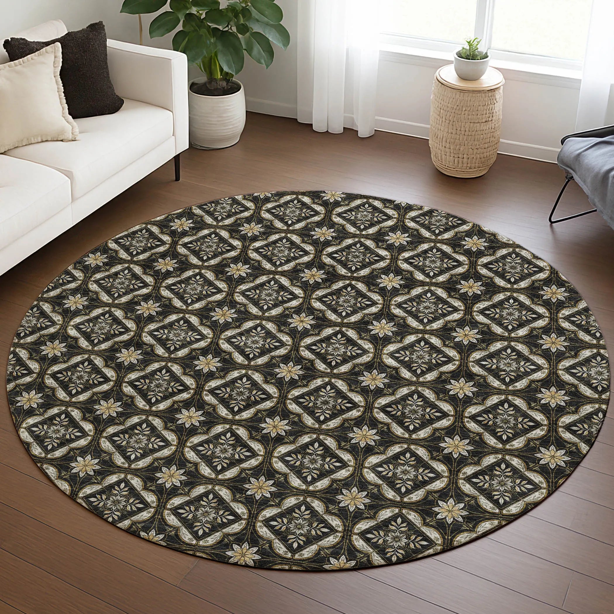 8' Black And Coffee Round Geometric Washable Indoor Outdoor Area Rug Homeroots Outdoor