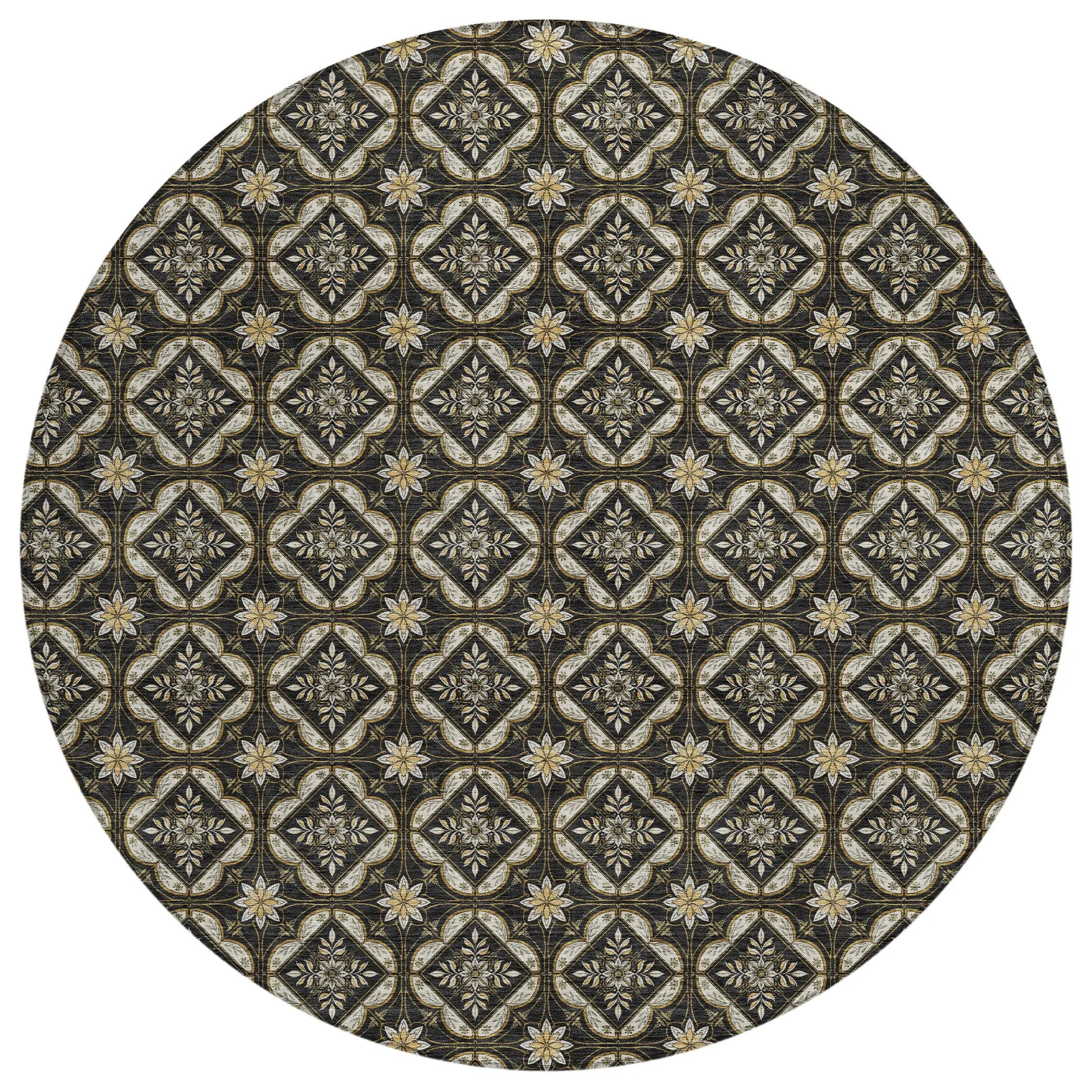 8' Black And Coffee Round Geometric Washable Indoor Outdoor Area Rug Homeroots Outdoor