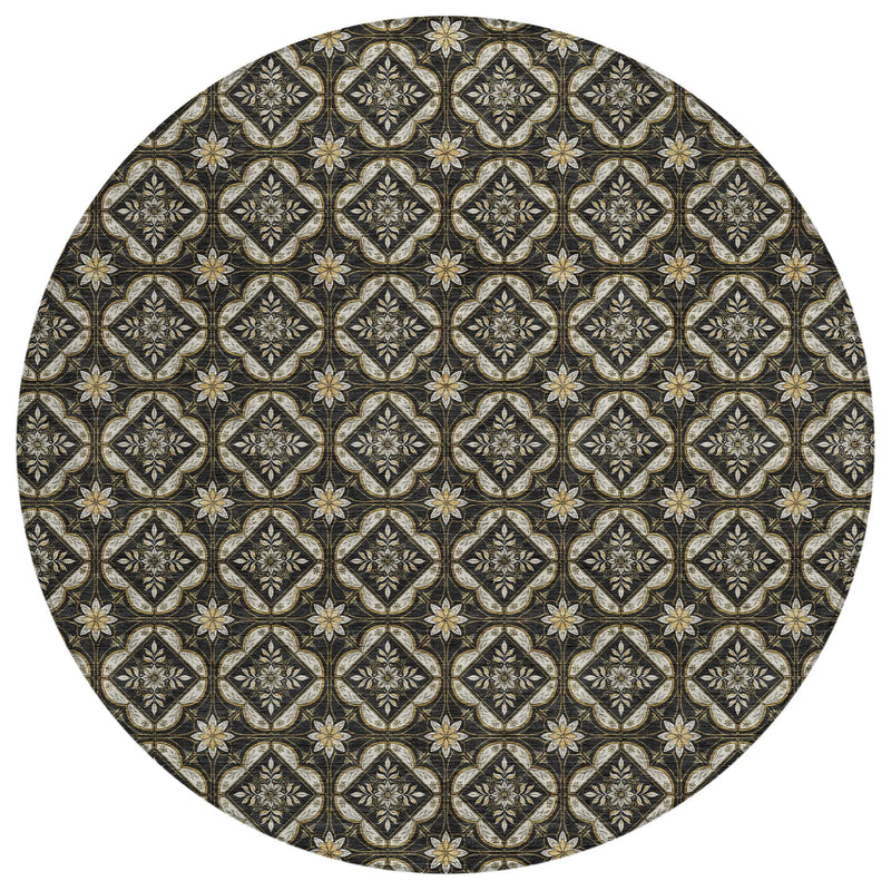 8' Black And Coffee Round Geometric Washable Indoor Outdoor Area Rug Homeroots Outdoor
