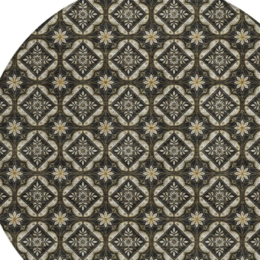8' Black And Coffee Round Geometric Washable Indoor Outdoor Area Rug Homeroots Outdoor