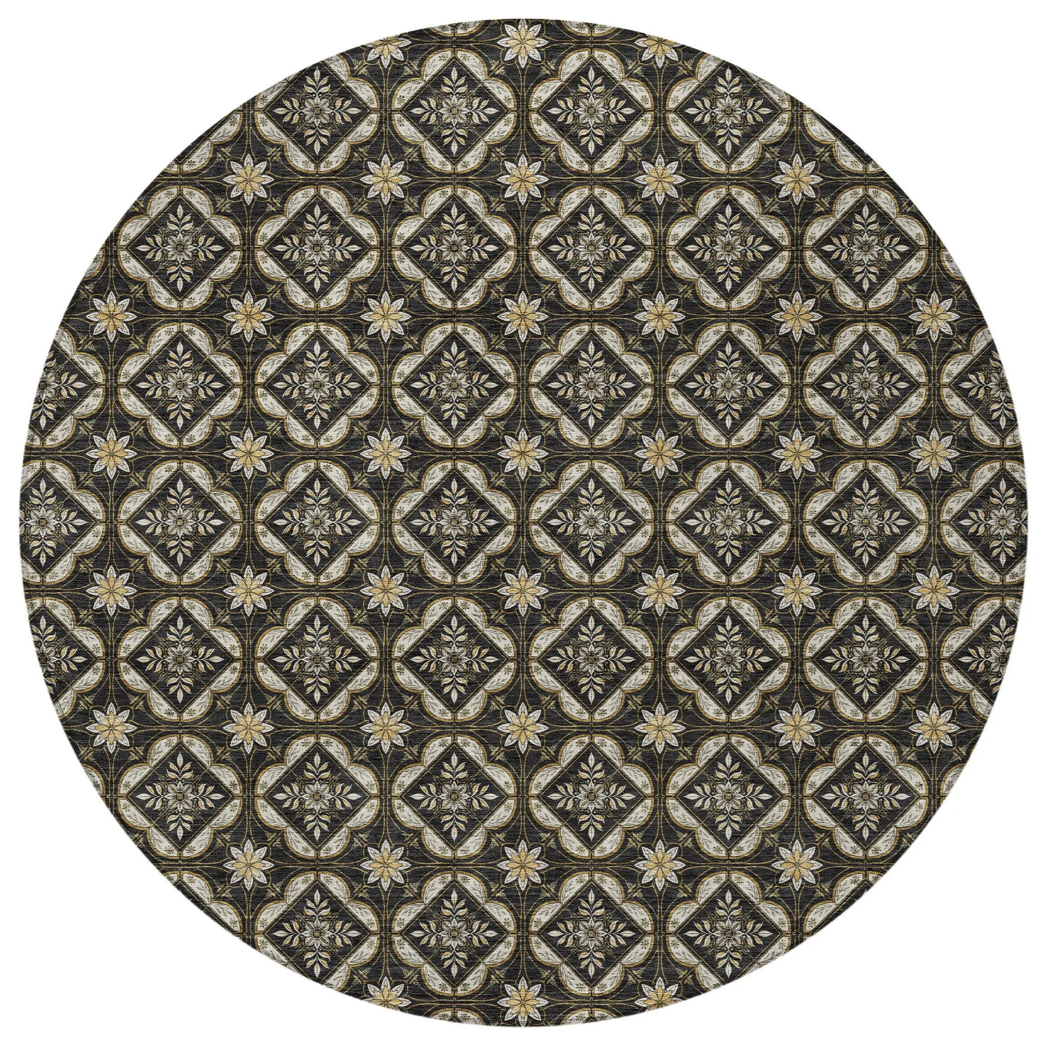 8' Black And Coffee Round Geometric Washable Indoor Outdoor Area Rug Homeroots Outdoor