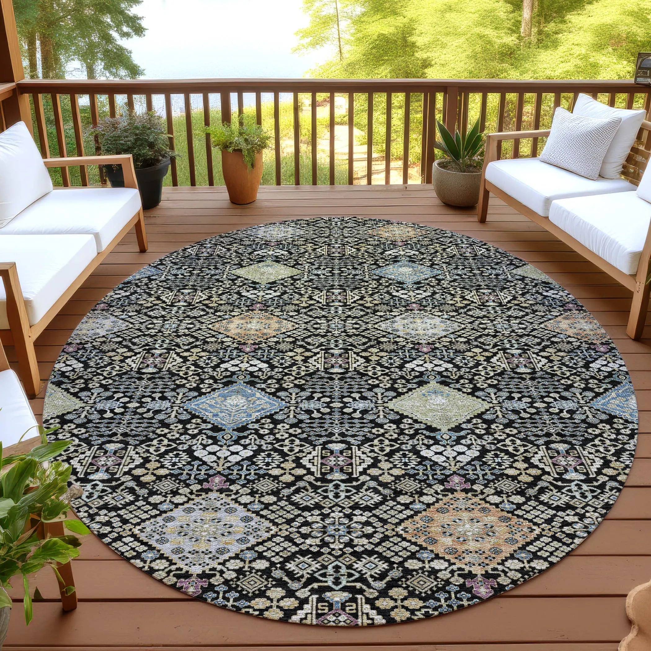 8' Black And Copper Round Oriental Washable Indoor Outdoor Area Rug Homeroots Outdoor