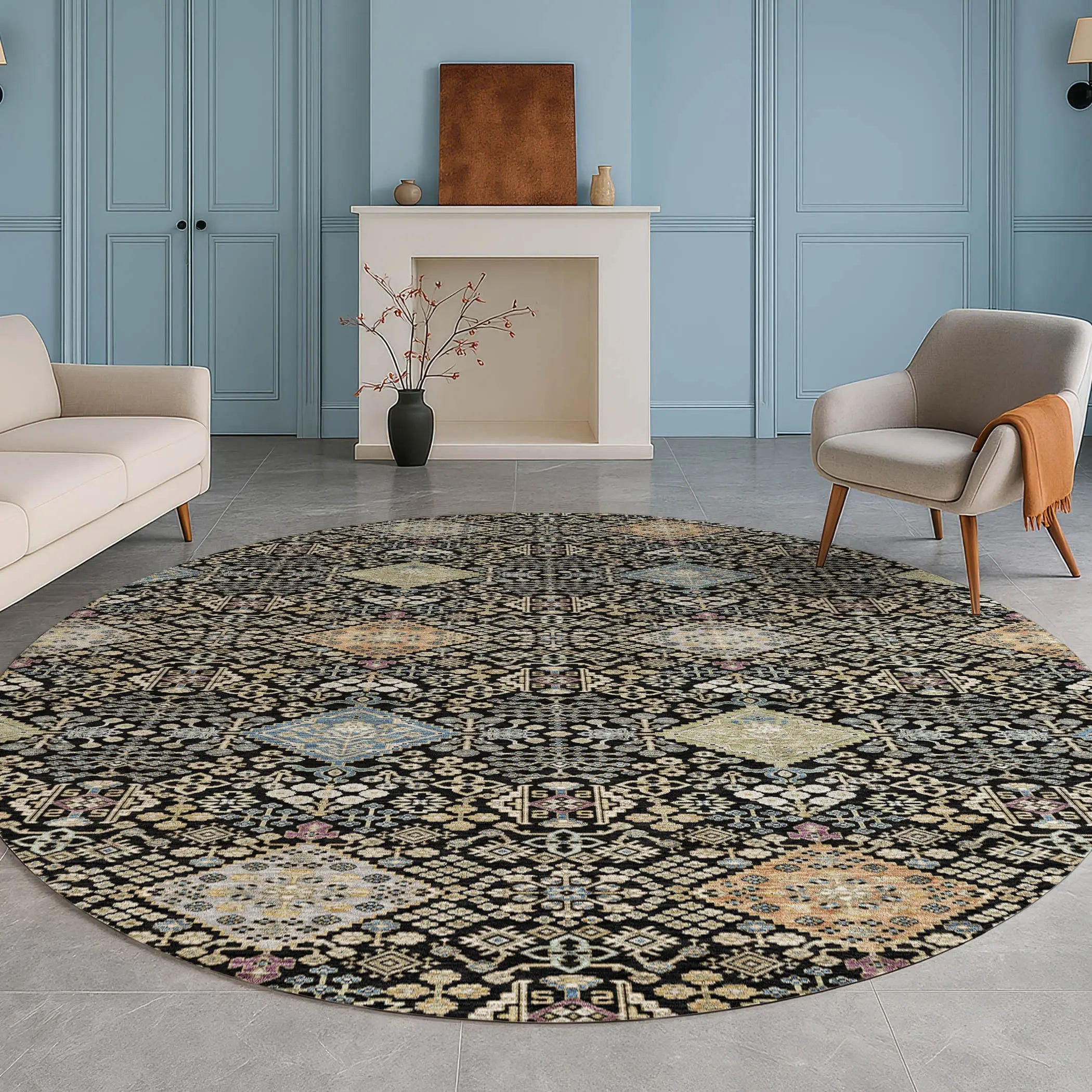 8' Black And Copper Round Oriental Washable Indoor Outdoor Area Rug Homeroots Outdoor