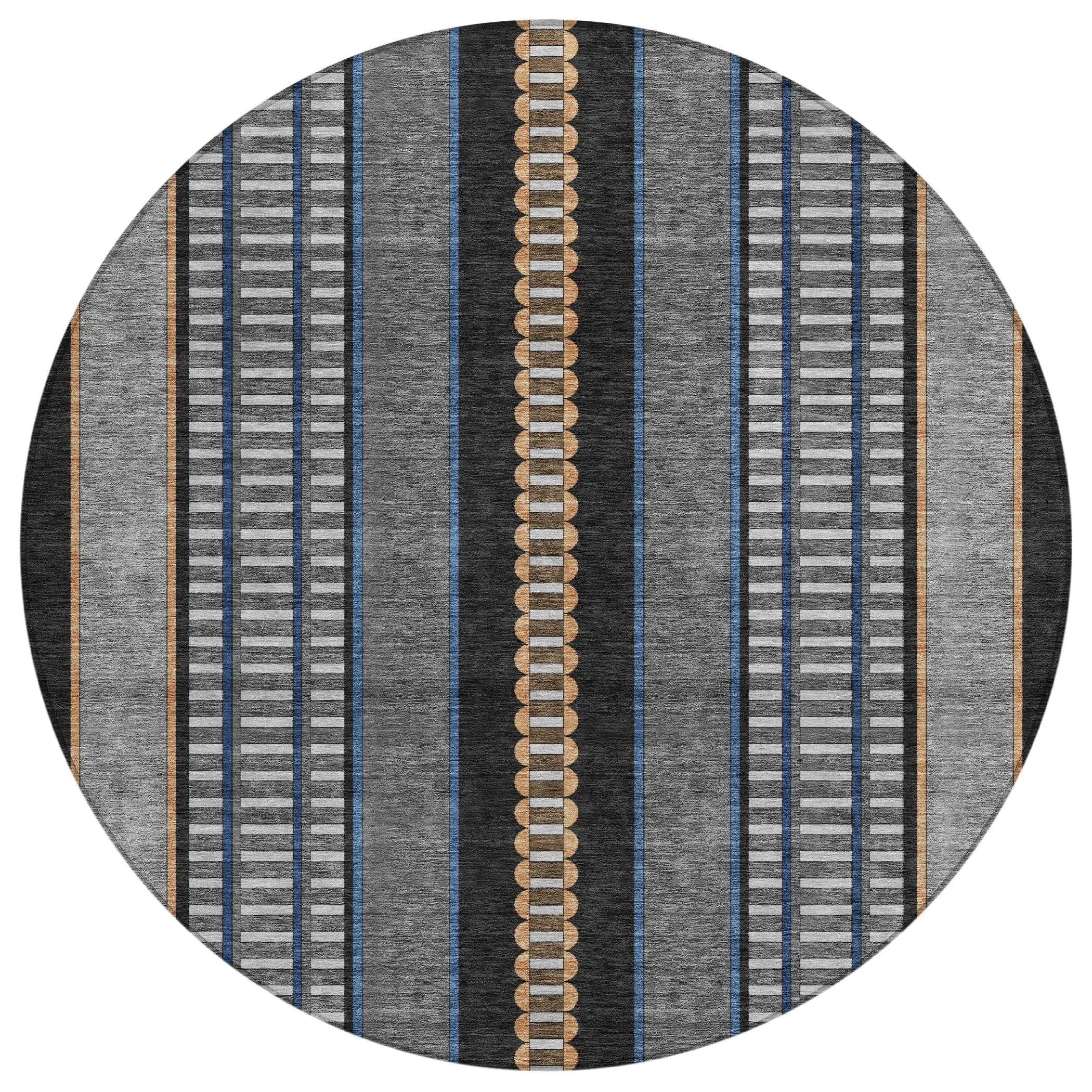 8' Black And Copper Round Striped Washable Indoor Outdoor Area Rug Homeroots Outdoor