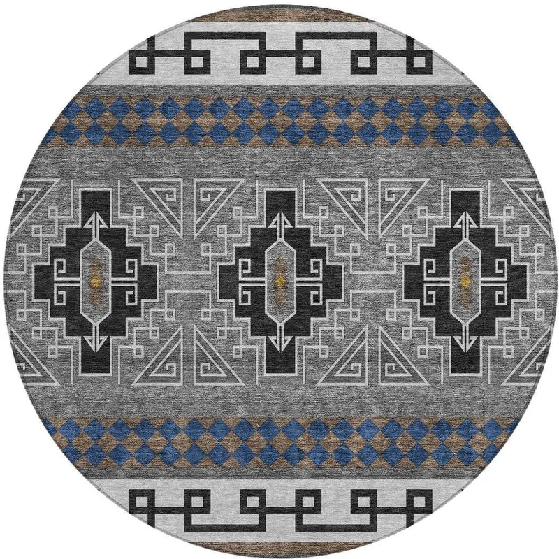 8' Black And Copper Round Tribal Washable Indoor Outdoor Area Rug Homeroots Outdoor