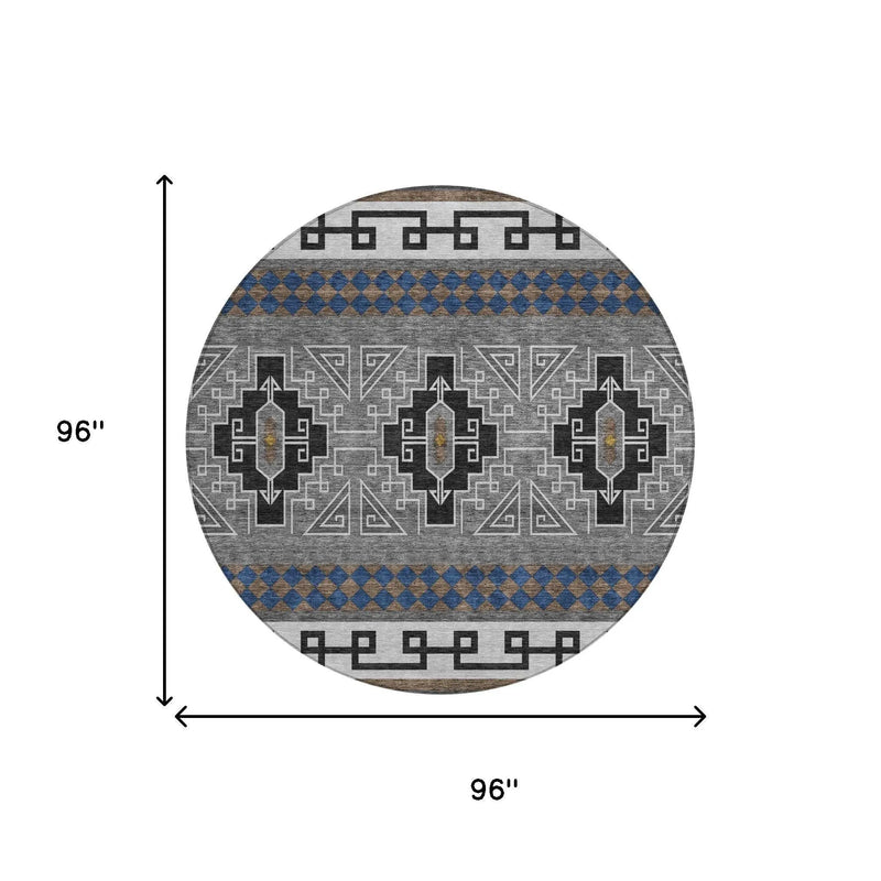 8' Black And Copper Round Tribal Washable Indoor Outdoor Area Rug Homeroots Outdoor