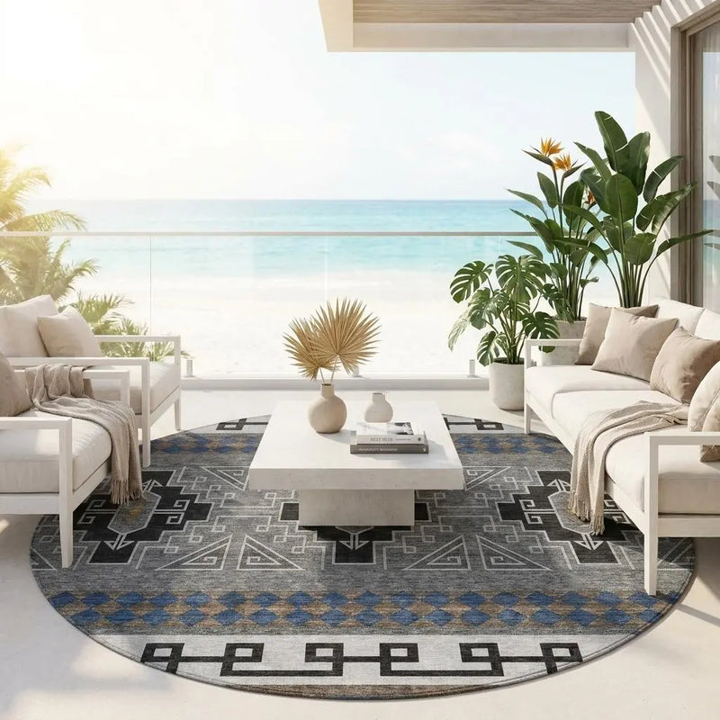 8' Black And Copper Round Tribal Washable Indoor Outdoor Area Rug Homeroots Outdoor