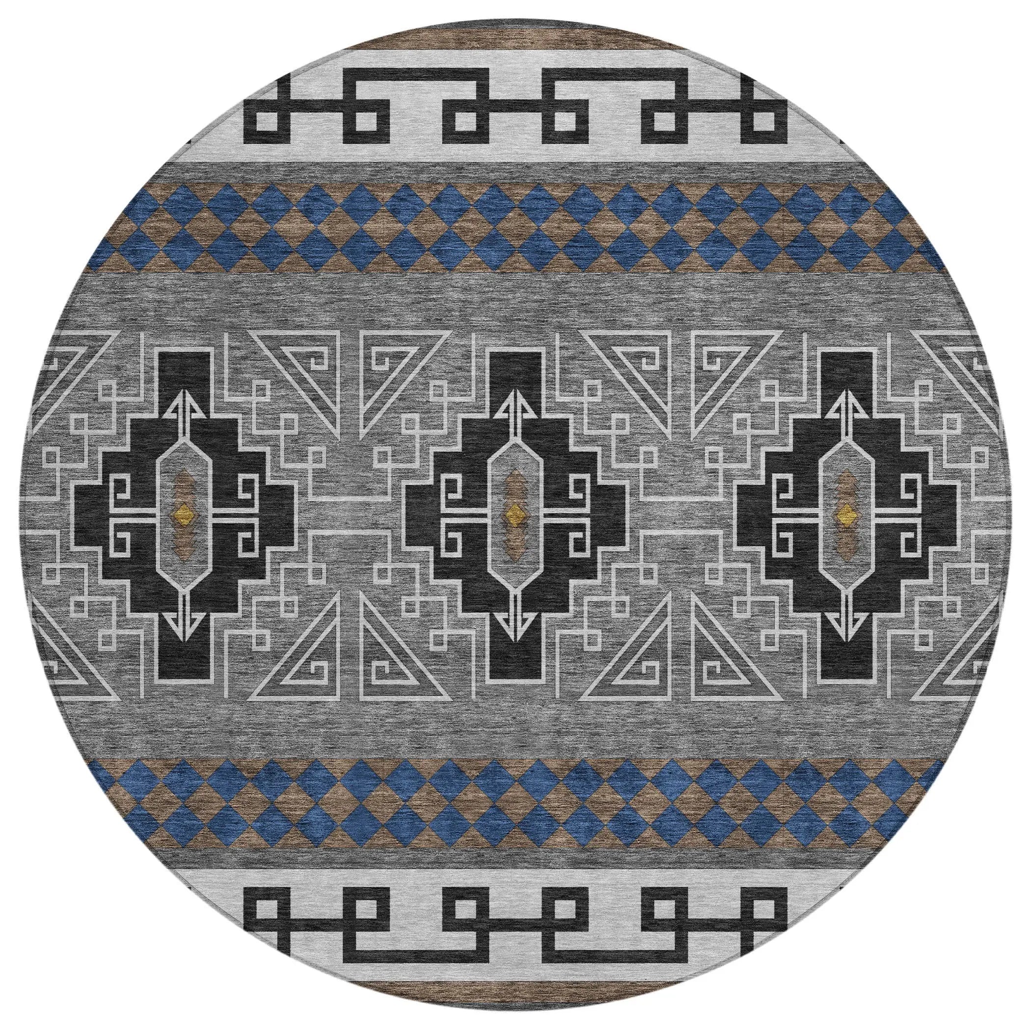 8' Black And Copper Round Tribal Washable Indoor Outdoor Area Rug Homeroots Outdoor