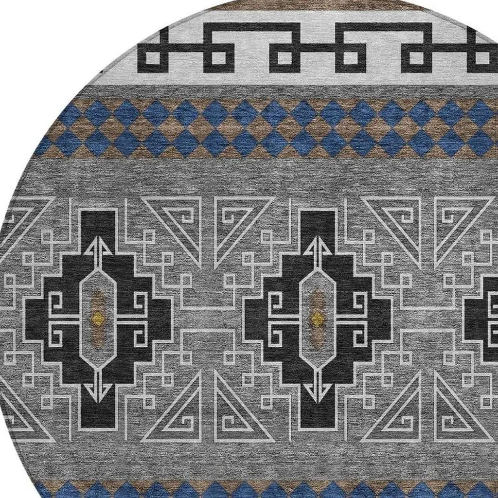 8' Black And Copper Round Tribal Washable Indoor Outdoor Area Rug Homeroots Outdoor