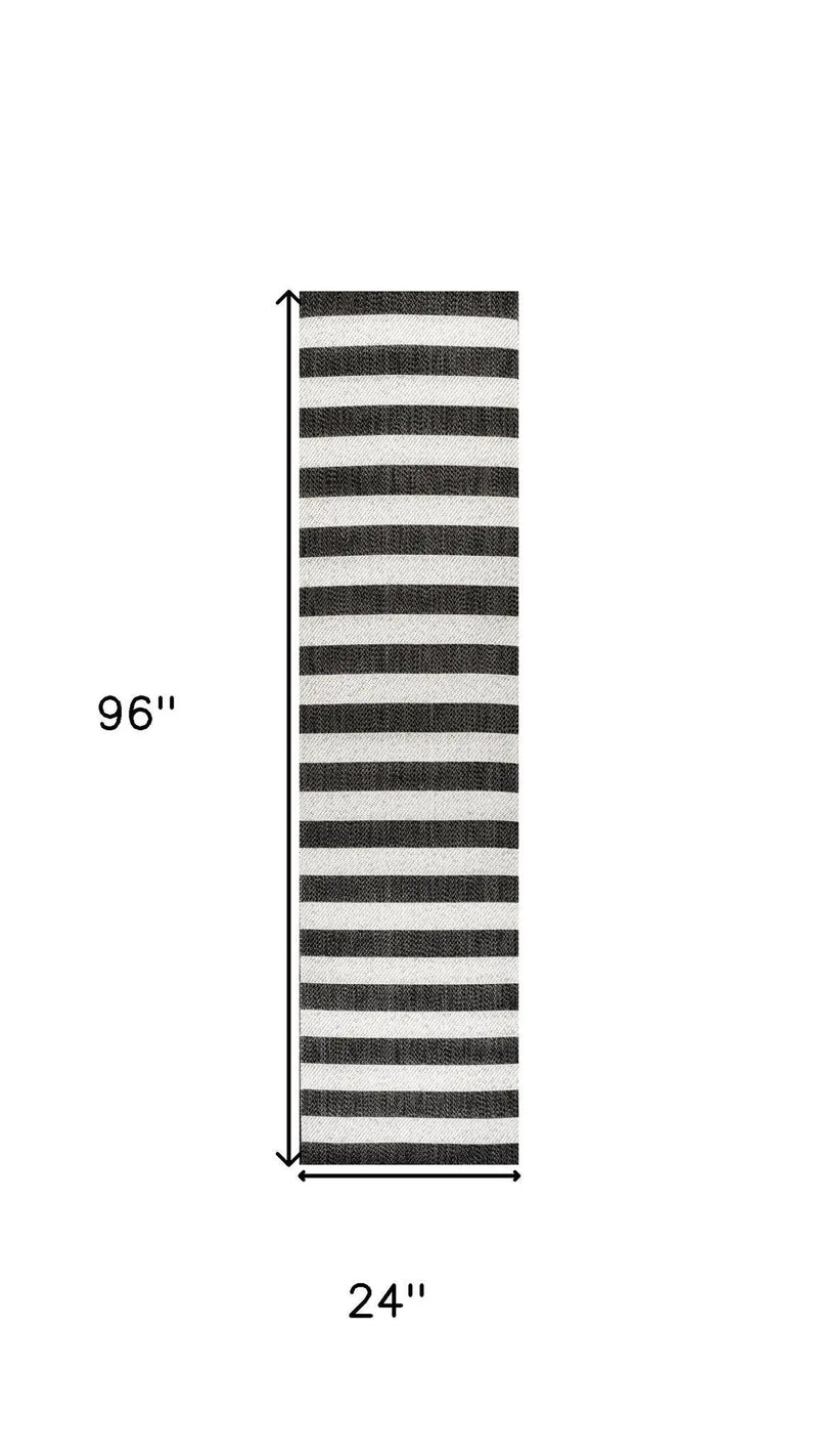8' Black And Cream Striped Indoor Outdoor Runner Rug Homeroots Outdoor