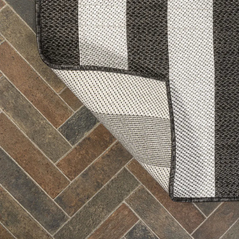 8' Black And Cream Striped Indoor Outdoor Runner Rug Homeroots Outdoor