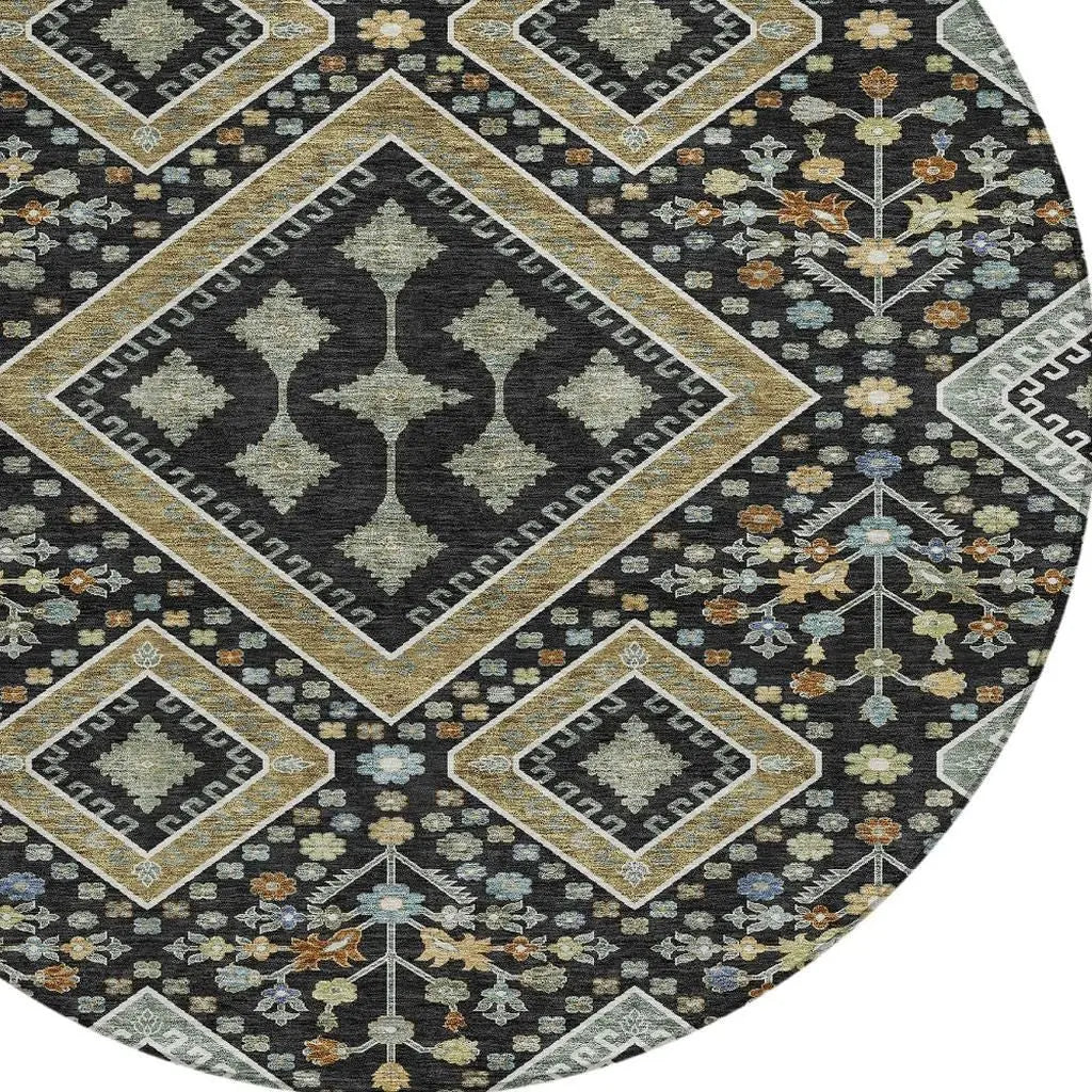 8' Black And Fern Green Round Medallion Washable Indoor Outdoor Area Rug Homeroots Outdoor