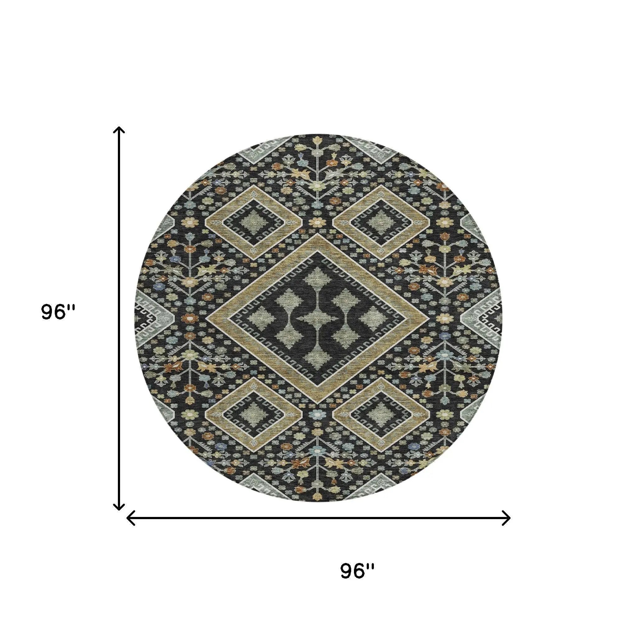 8' Black And Fern Green Round Medallion Washable Indoor Outdoor Area Rug Homeroots Outdoor
