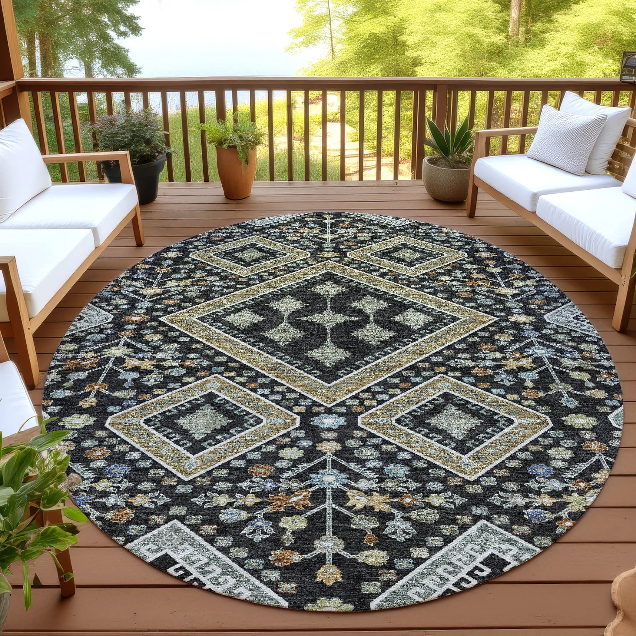 8' Black And Fern Green Round Medallion Washable Indoor Outdoor Area Rug Homeroots Outdoor