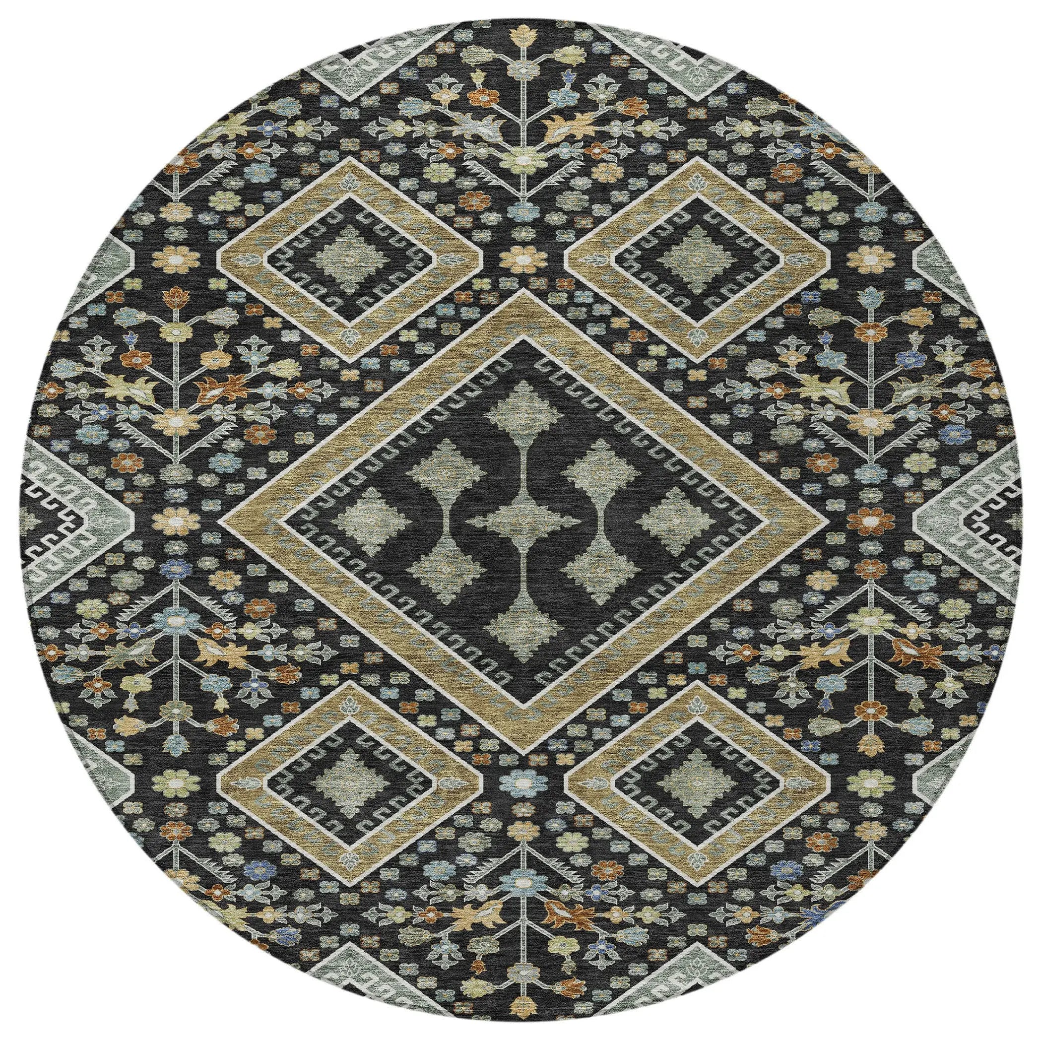 8' Black And Fern Green Round Medallion Washable Indoor Outdoor Area Rug Homeroots Outdoor