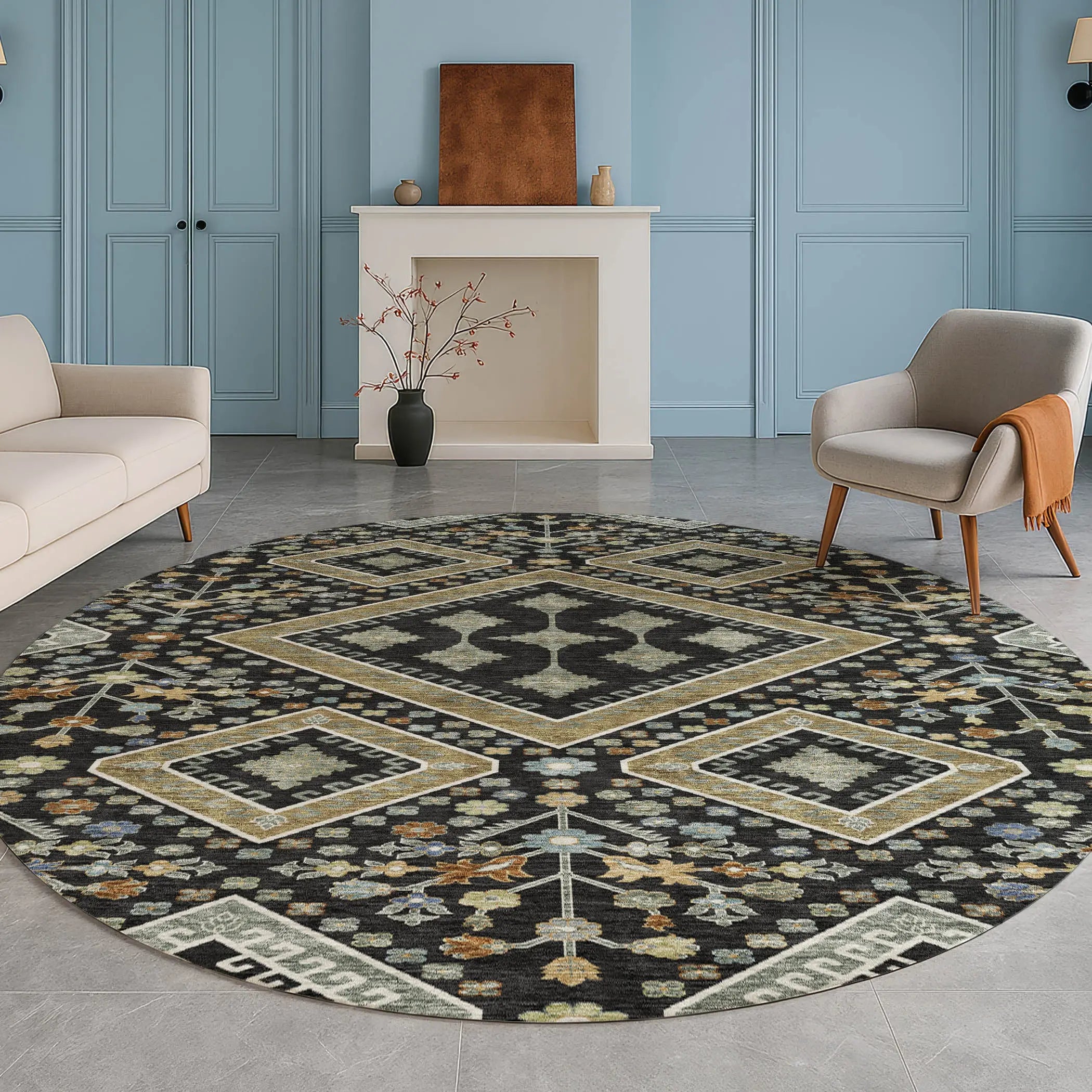 8' Black And Fern Green Round Medallion Washable Indoor Outdoor Area Rug Homeroots Outdoor